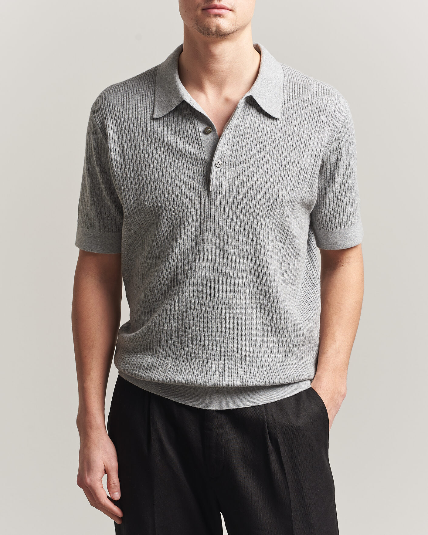 Mies | Pikeet | A Day's March | Aspen Structured Knitted Polo Grey