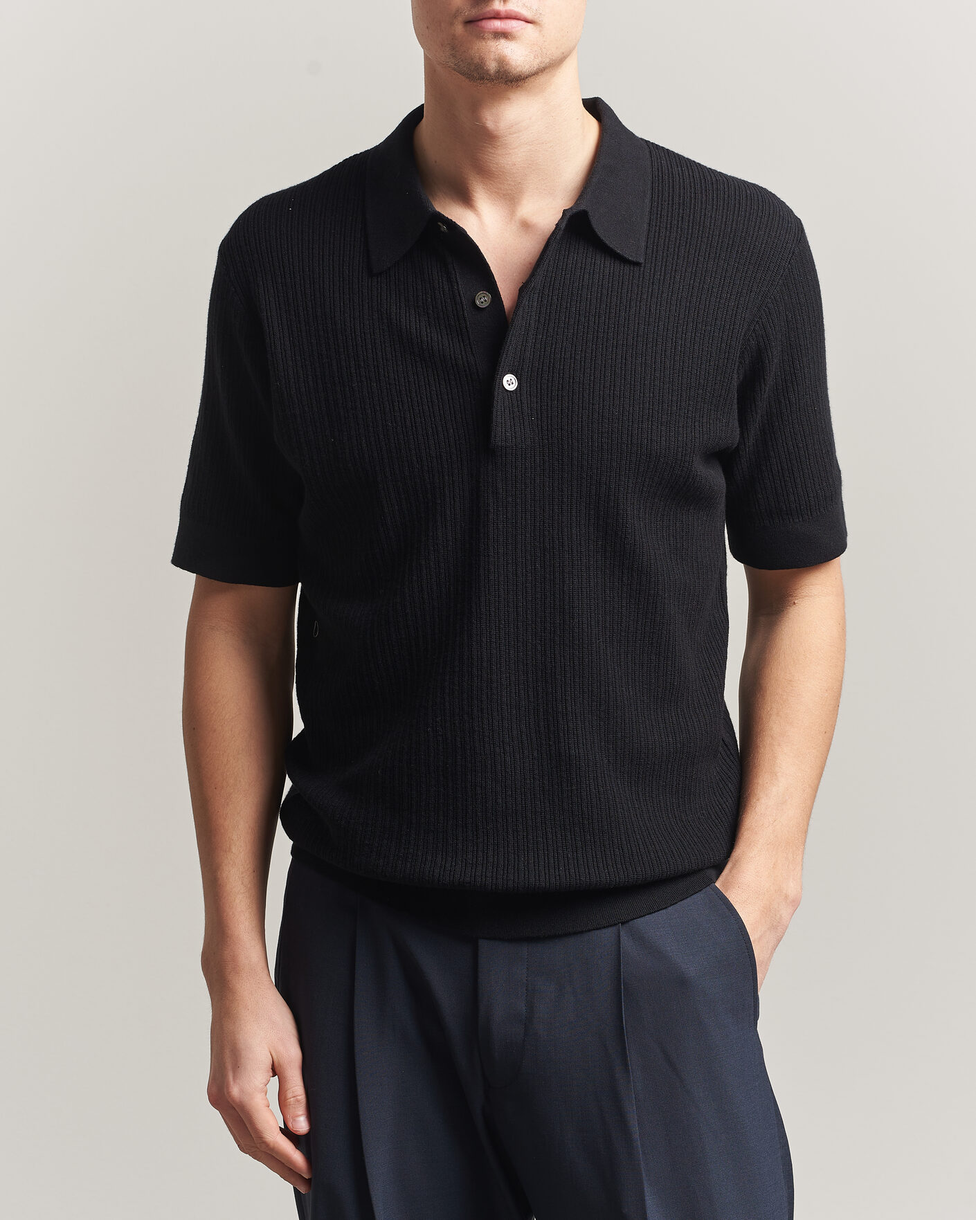 Mies | Pikeet | A Day's March | Aspen Structured Knitted Polo Black