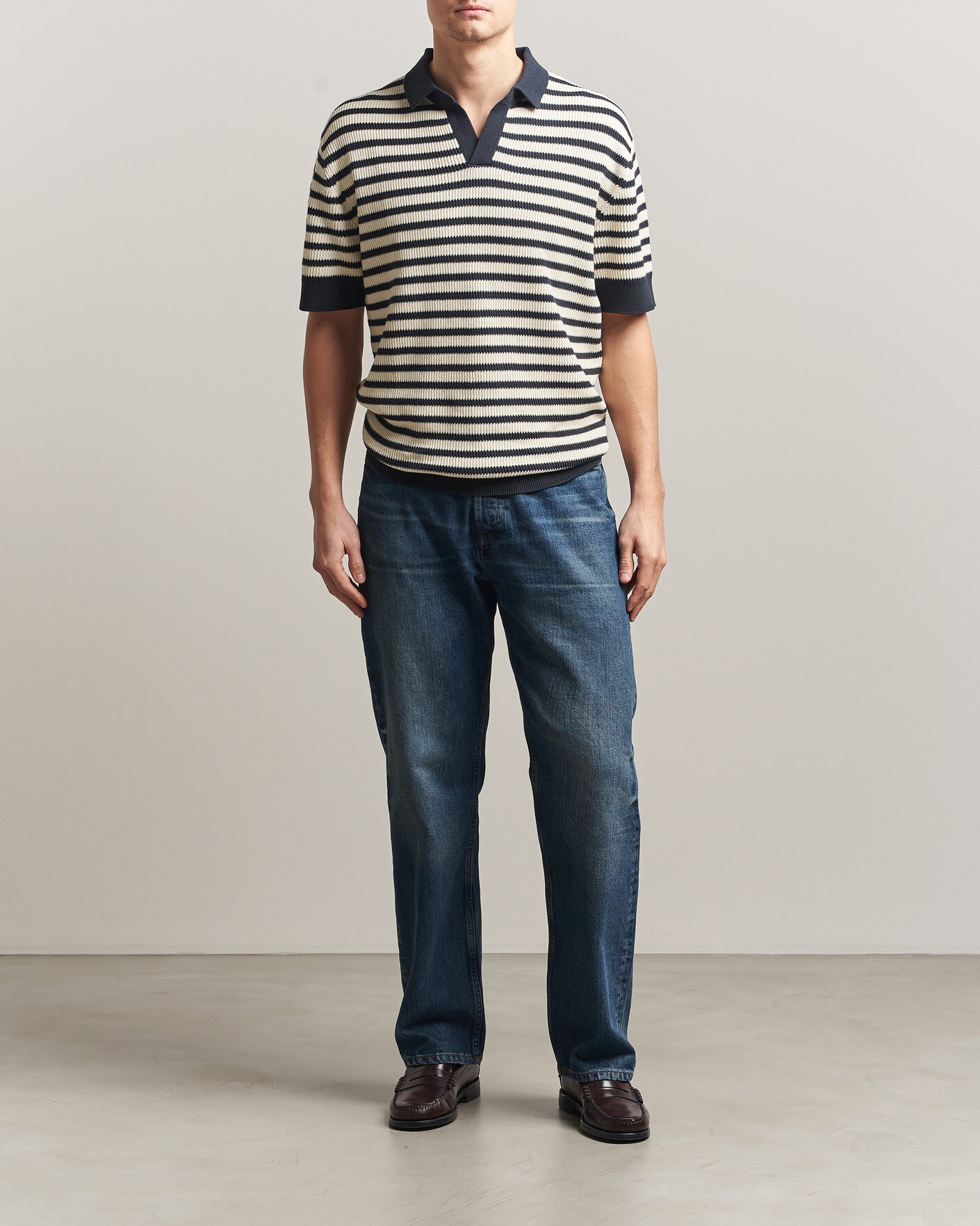 Mies | Pikeet | A Day's March | Jeremy Striped Knitted Polo Off White/Navy