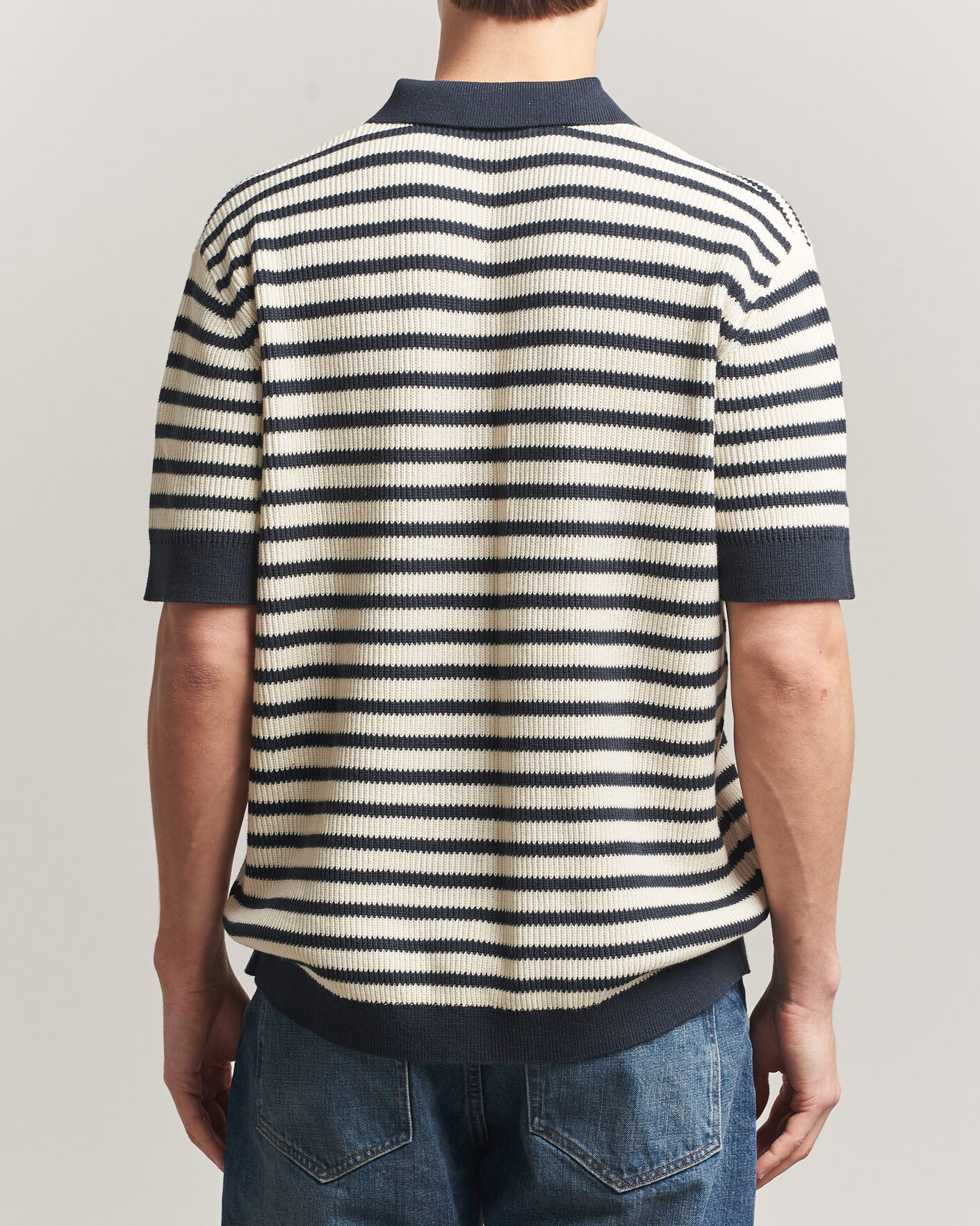 Mies | Pikeet | A Day's March | Jeremy Striped Knitted Polo Off White/Navy