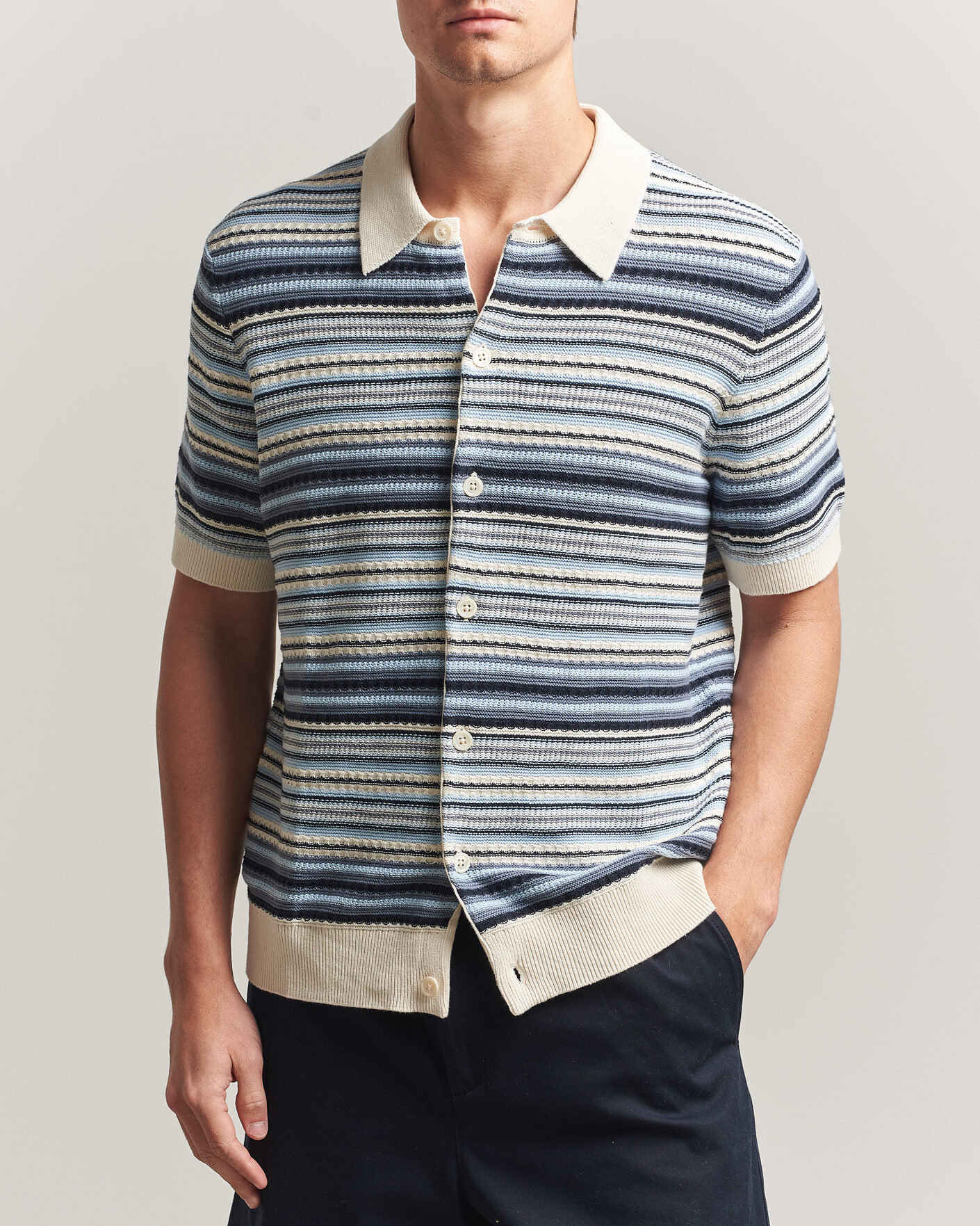 Mies | Kauluspaidat | NN07 | Nolan Striped Knitted Short Sleeve Shirt Navy Multi