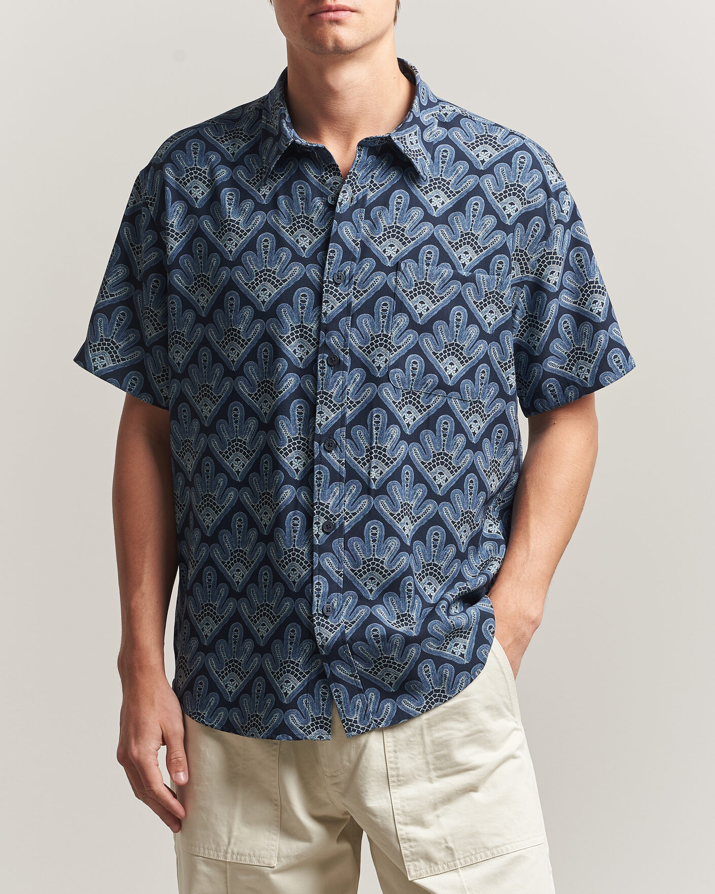 Mies | Kauluspaidat | NN07 | Deon Printed Short Sleeve Shirt Navy Blue