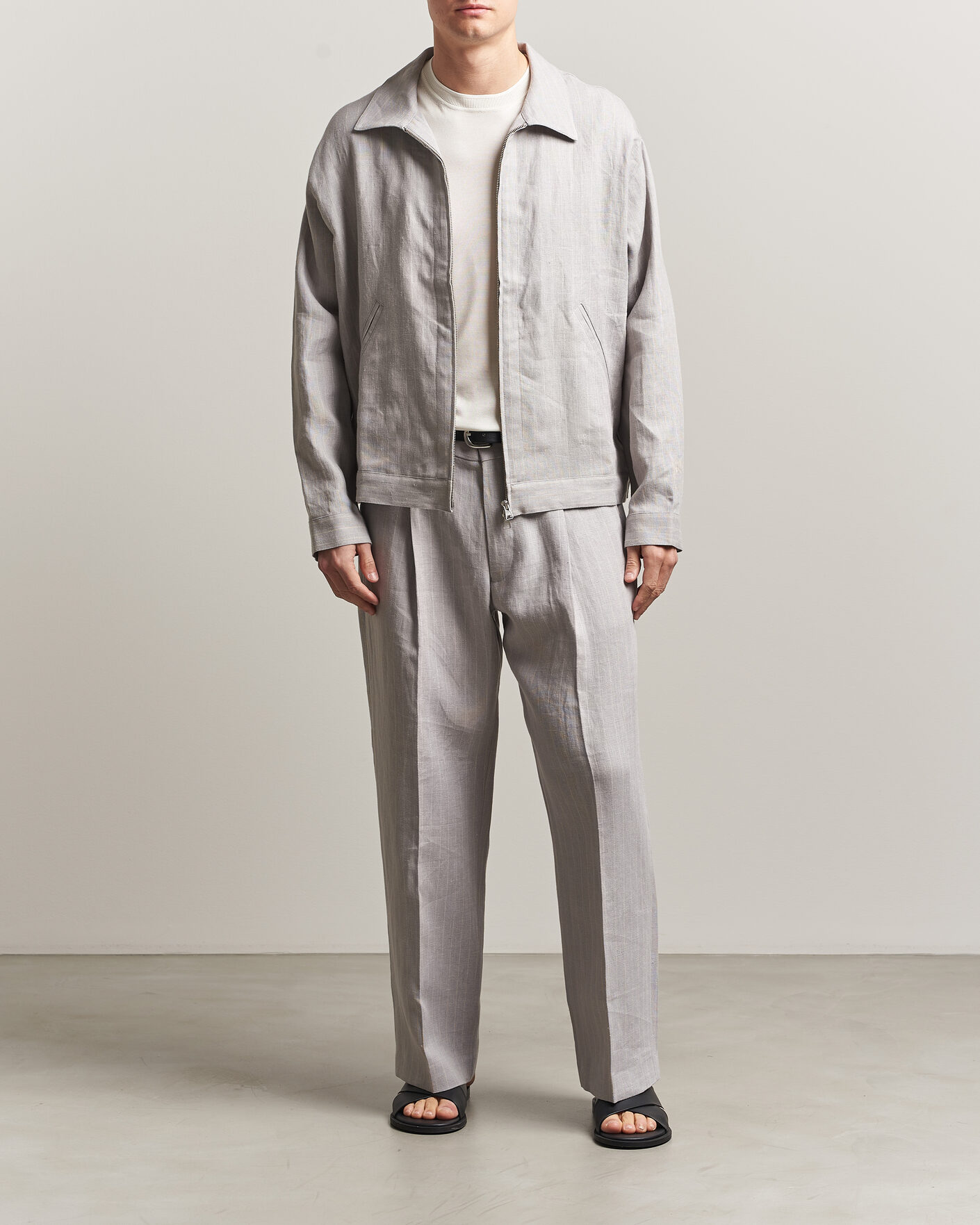 Mies | Kauluspaidat | NN07 | Petrus Pinstriped Linen Full Zip Overshirt Grey
