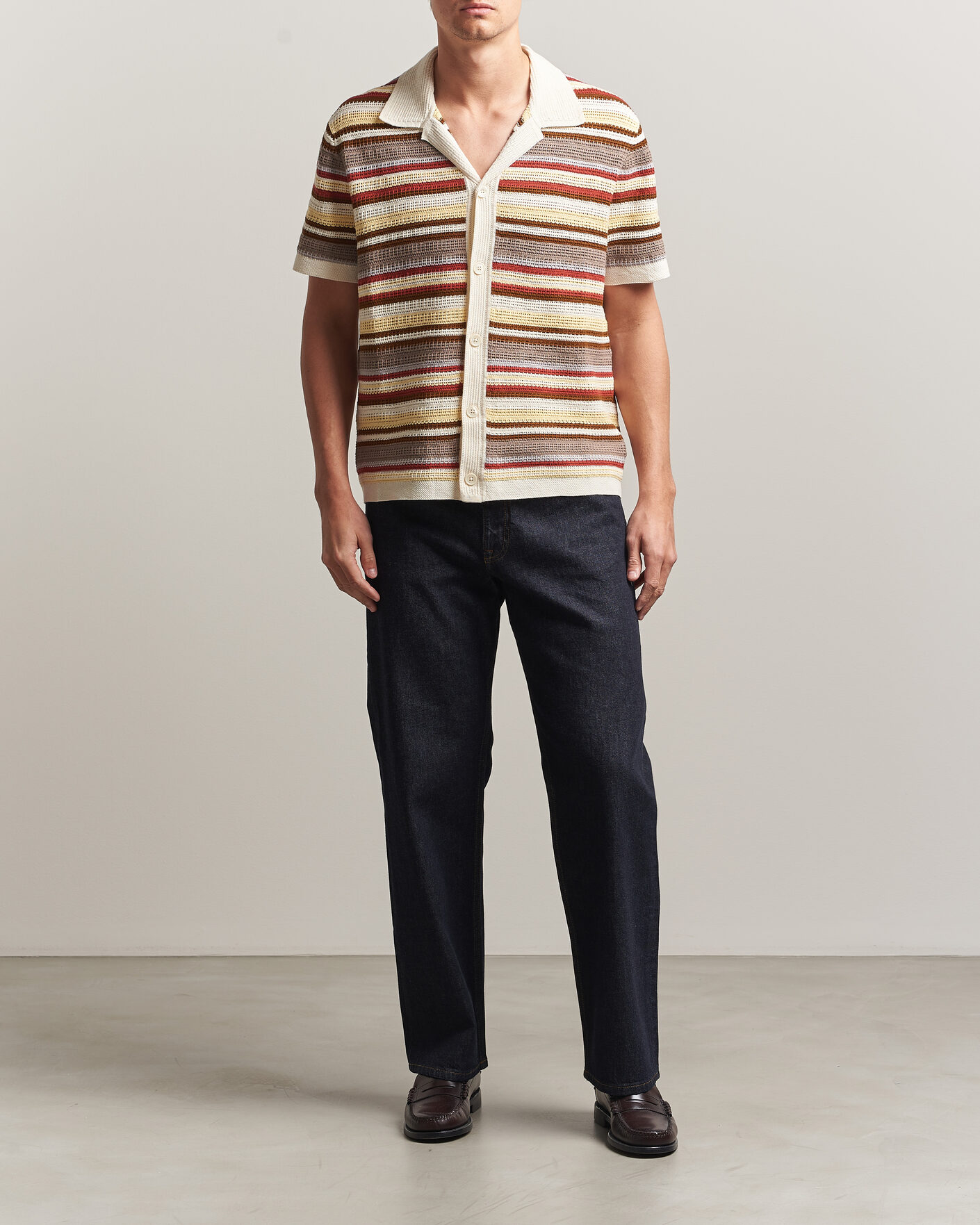Mies | Kauluspaidat | NN07 | Lars Striped Knitted Short Sleeve Shirt Ivory Multi