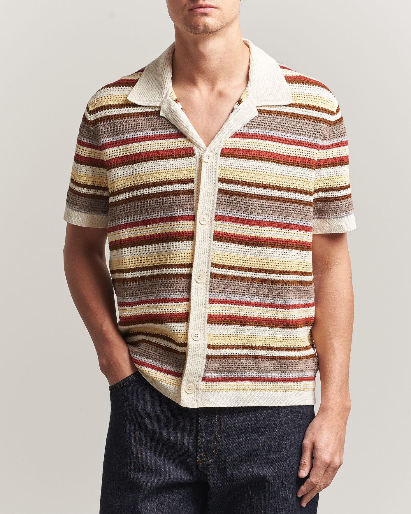 Mies | Kauluspaidat | NN07 | Lars Striped Knitted Short Sleeve Shirt Ivory Multi