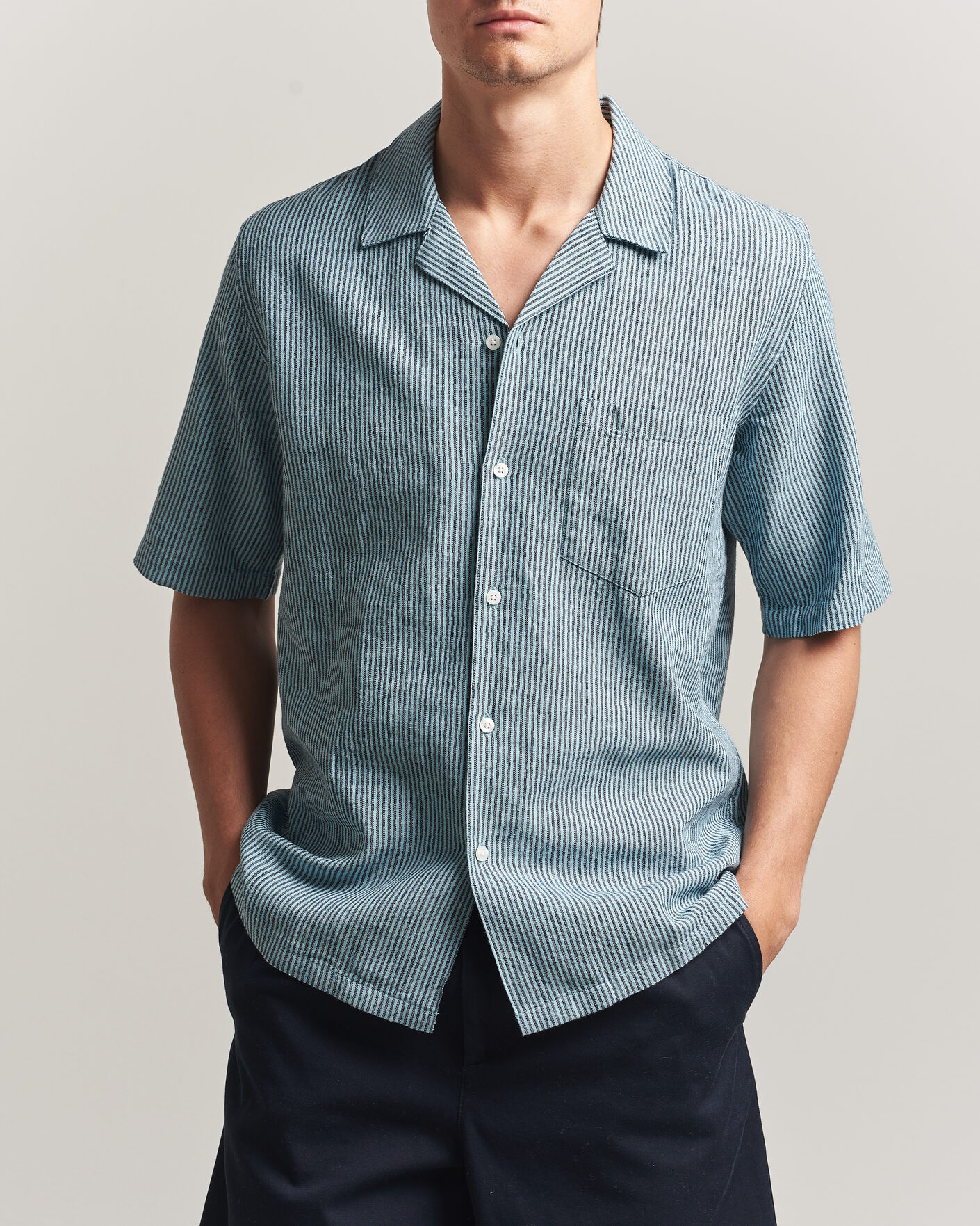 Mies | Kauluspaidat | Samsøe Samsøe | Oscar Linen/Cotton Striped Short Sleeve Shirt Tourmaline