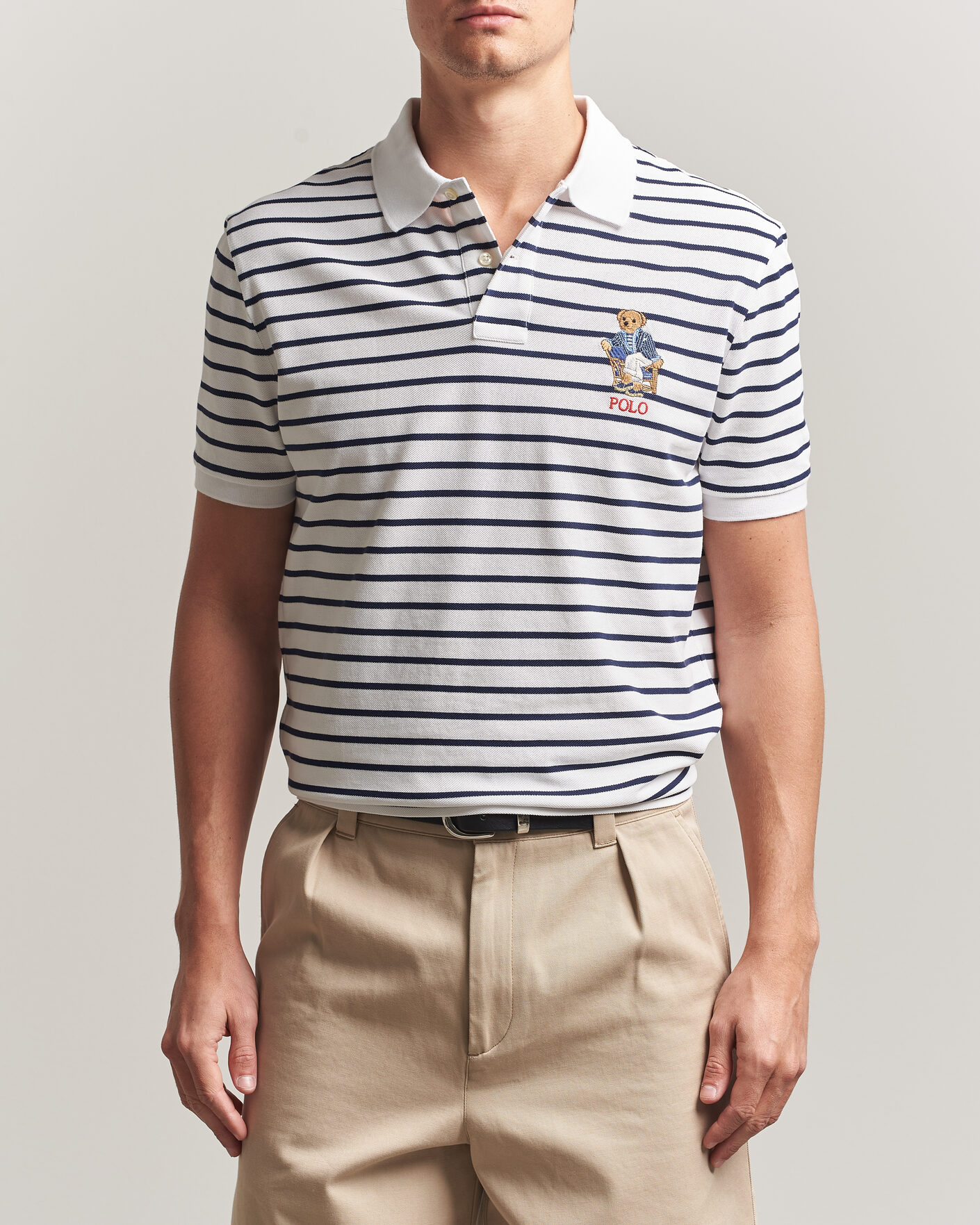Mies | Pikeet | Polo Ralph Lauren | Newport Bear Striped Custom Slim Polo White/Navy