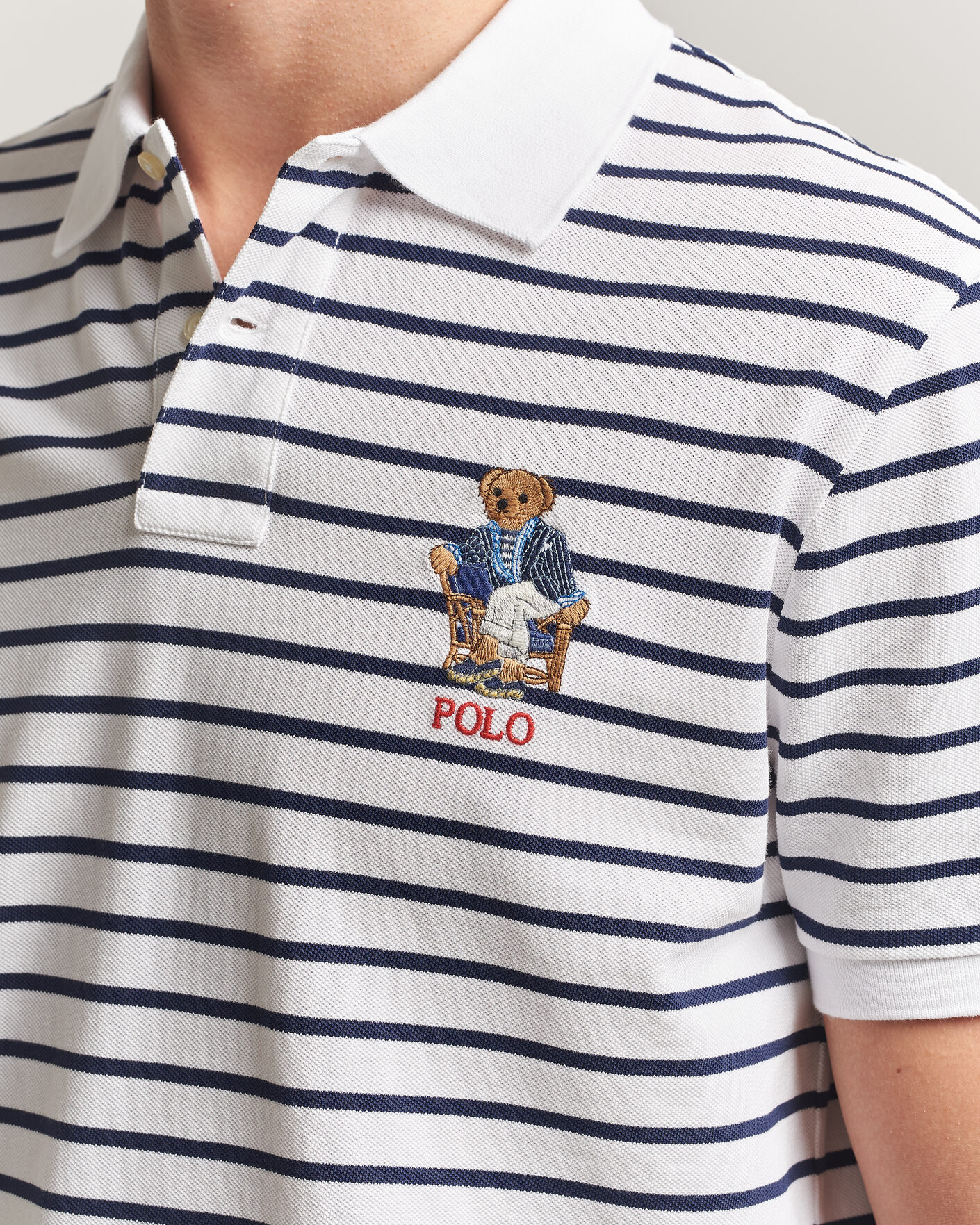 Mies | Pikeet | Polo Ralph Lauren | Newport Bear Striped Custom Slim Polo White/Navy
