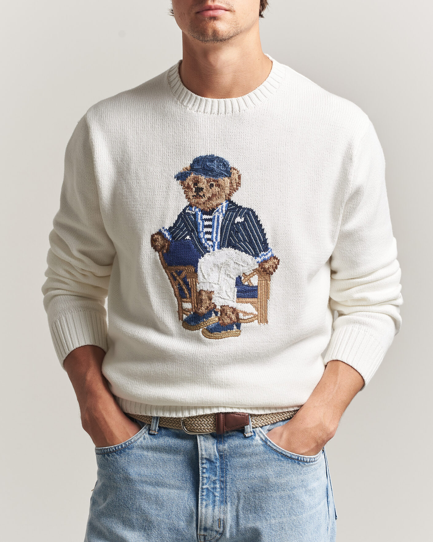 Mies | Puserot | Polo Ralph Lauren | Newport Bear Cotton/Linen Sweater Deckwash White