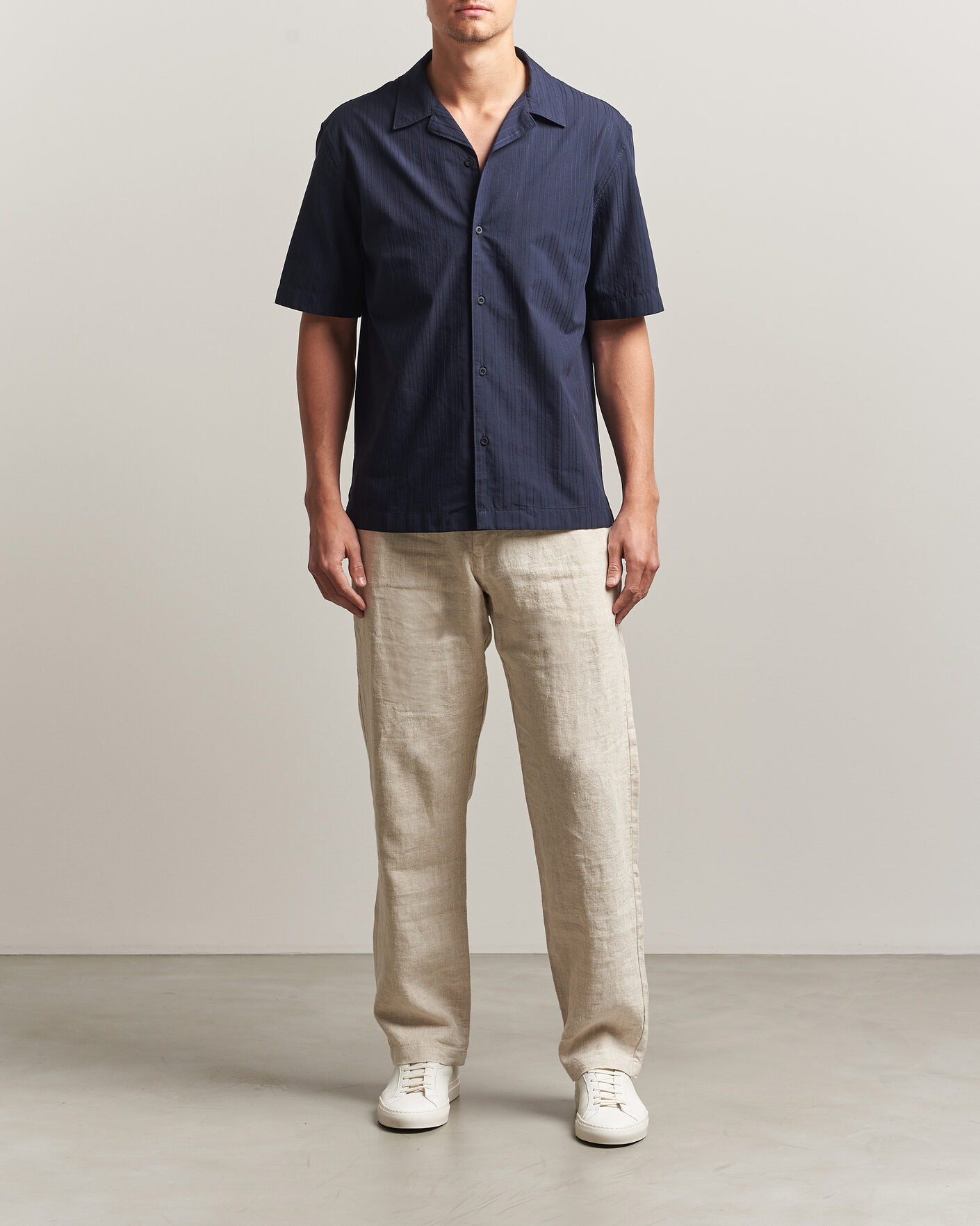 Mies | Kauluspaidat | Sunspel | Short Sleeve Textured Stripe Shirt Navy