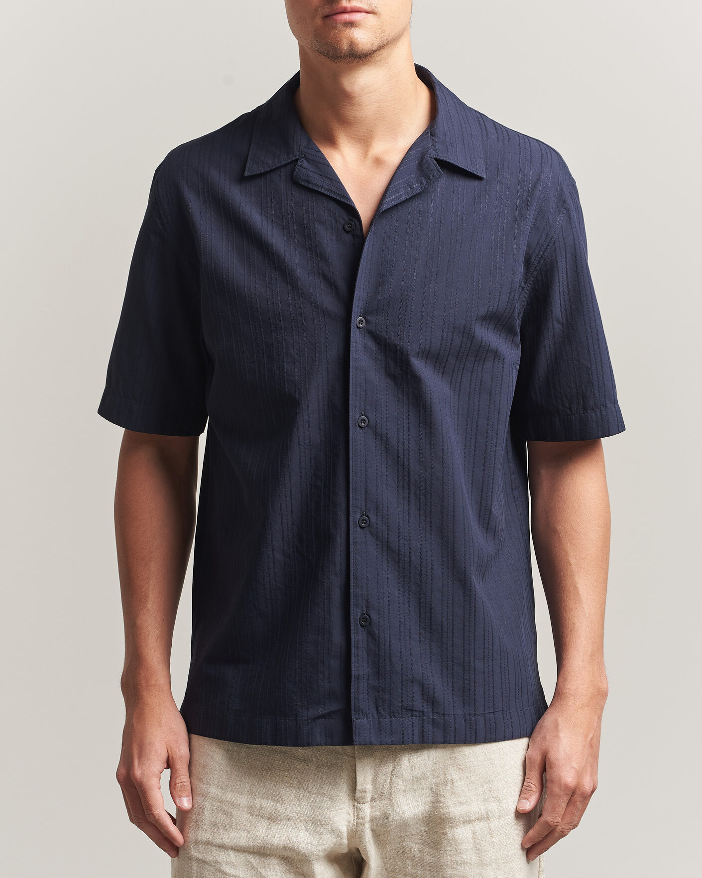 Mies | Kauluspaidat | Sunspel | Short Sleeve Textured Stripe Shirt Navy