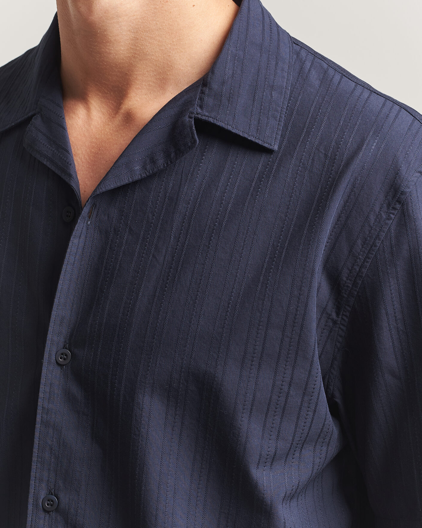 Mies | Kauluspaidat | Sunspel | Short Sleeve Textured Stripe Shirt Navy