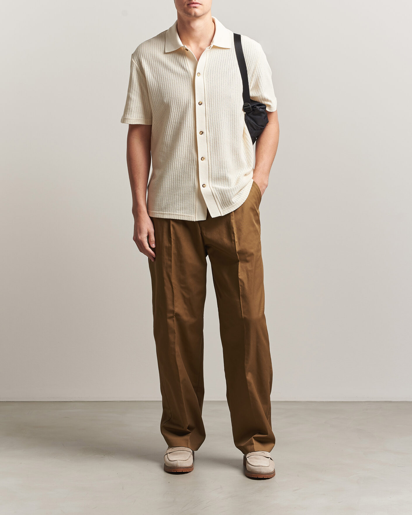 Mies | Kauluspaidat | LES DEUX | Pointelle Short Sleeve Knitted Shirt Eggnog White