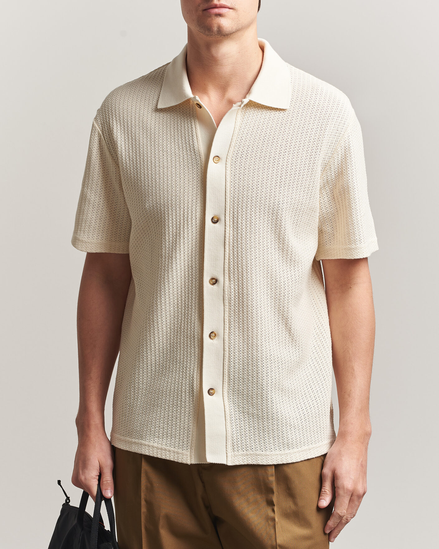 Mies | Kauluspaidat | LES DEUX | Pointelle Short Sleeve Knitted Shirt Eggnog White