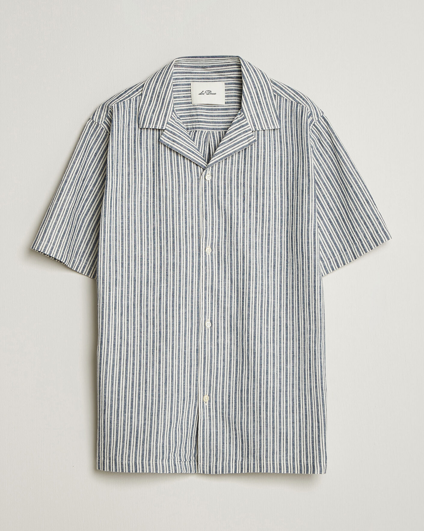 Mies | Kauluspaidat | LES DEUX | Stripe Cotton/Linen Short Sleeve Shirt Dark Blue