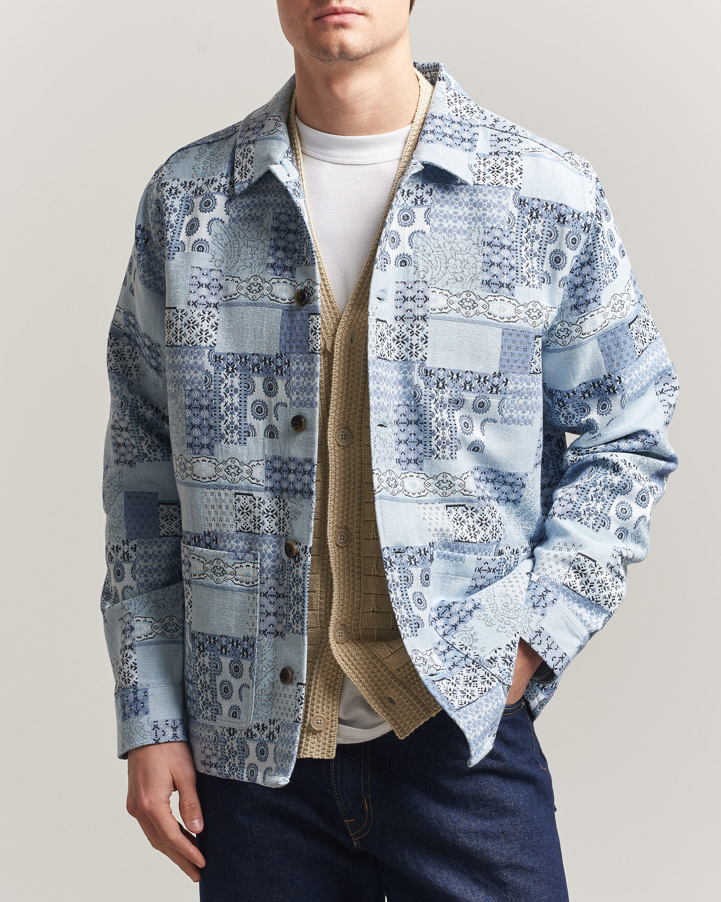 Mies | Kauluspaidat | LES DEUX | Patchwork Jacquard Overshirt Skyway Blue