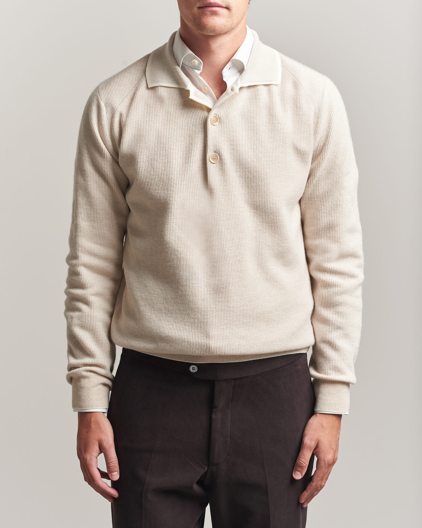 Mies | Puserot | Brioni | Cashmere Rib Knitted Polo Light Beige