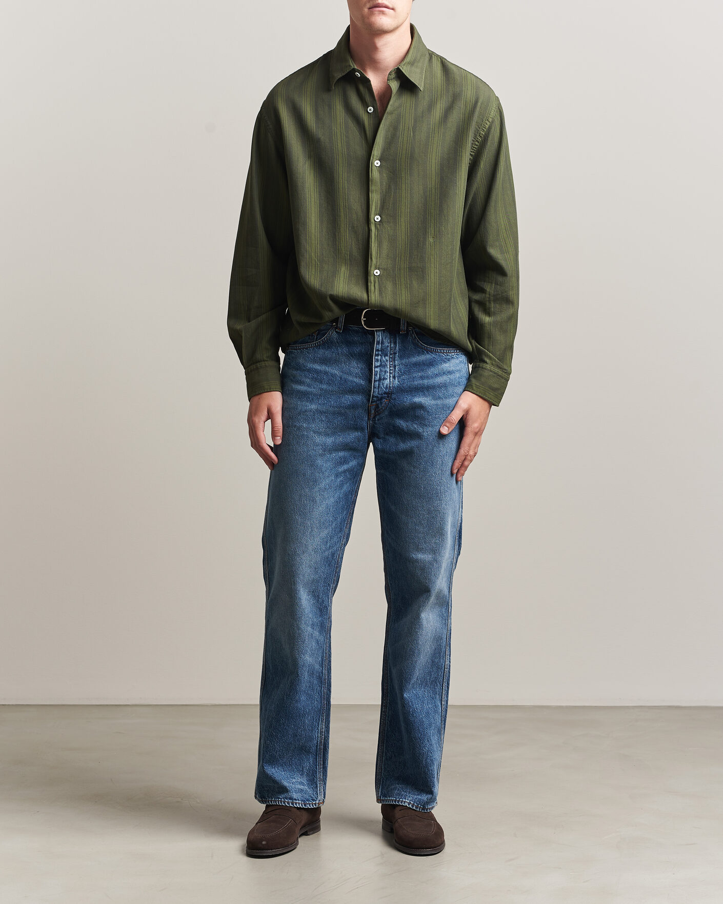 Mies | Kauluspaidat | Massimo Alba | Boxy Striped Cotton Shirt Moss Green