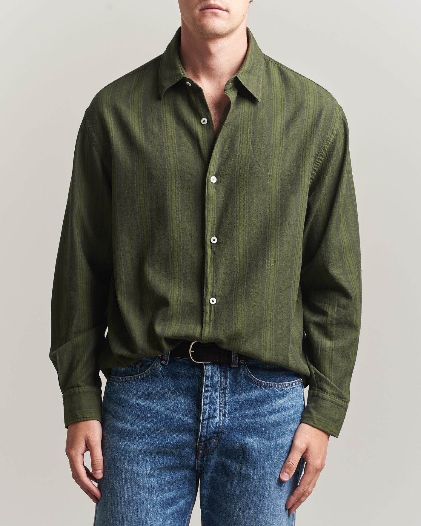 Mies | Kauluspaidat | Massimo Alba | Boxy Striped Cotton Shirt Moss Green