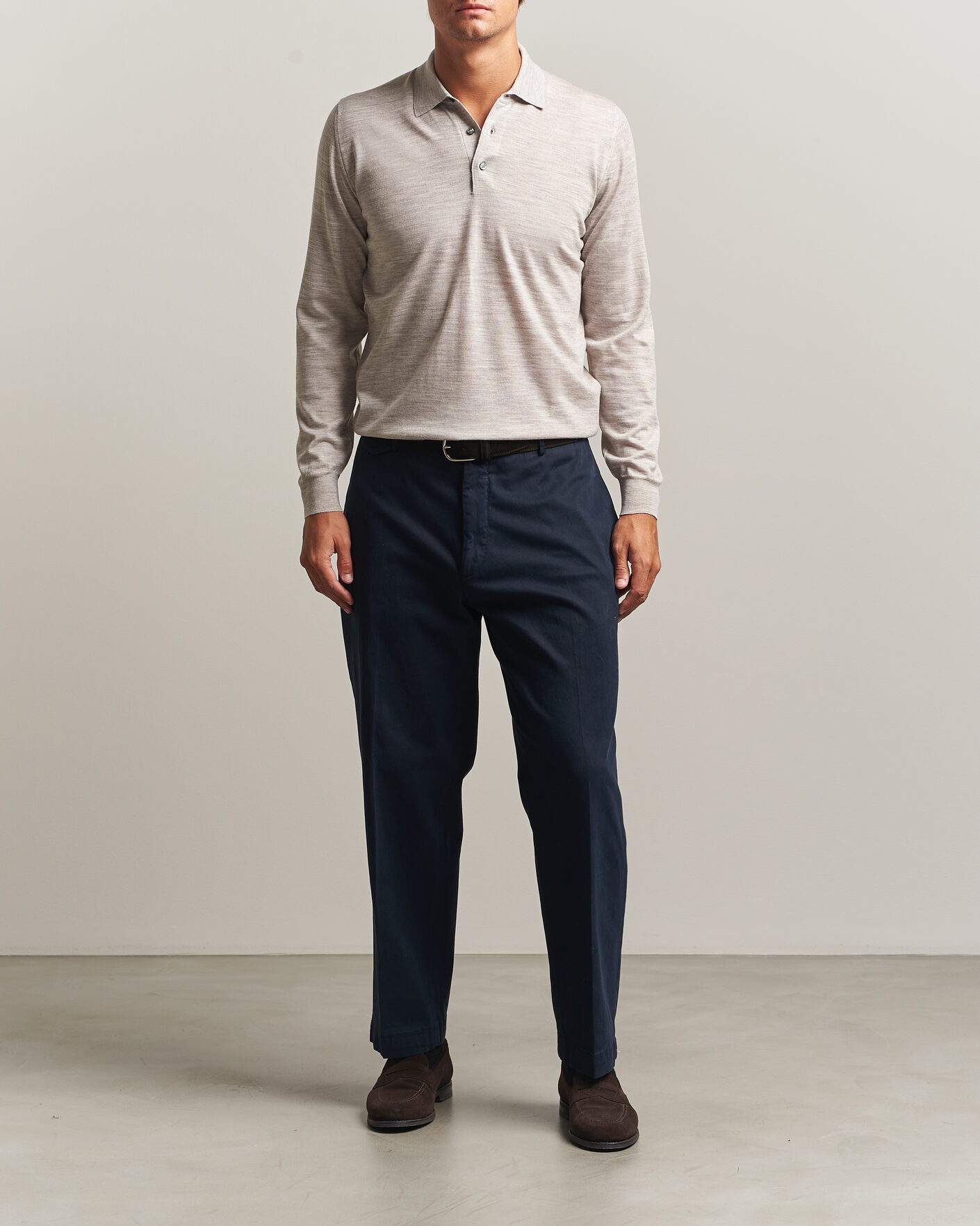 Mies | Puserot | Fedeli | 140s Fine Wool Long Sleeve Polo Beige Melange