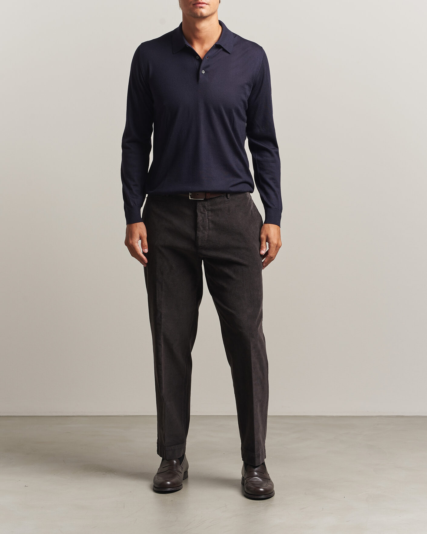 Mies | Puserot | Fedeli | 140s Fine Wool Long Sleeve Polo Navy