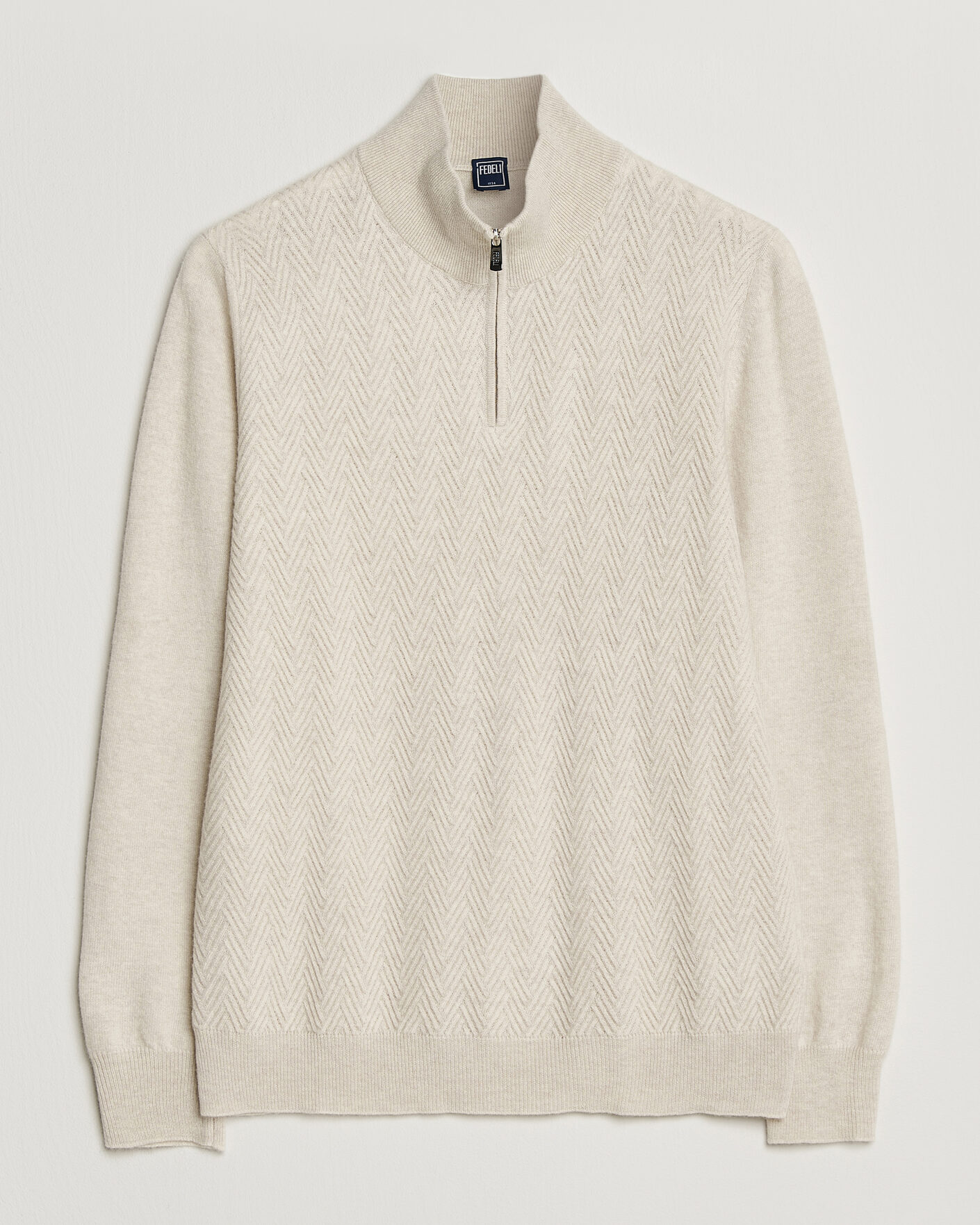 Mies | Puserot | Fedeli | Wool/Cashmere Chevron Half Zip Light Beige