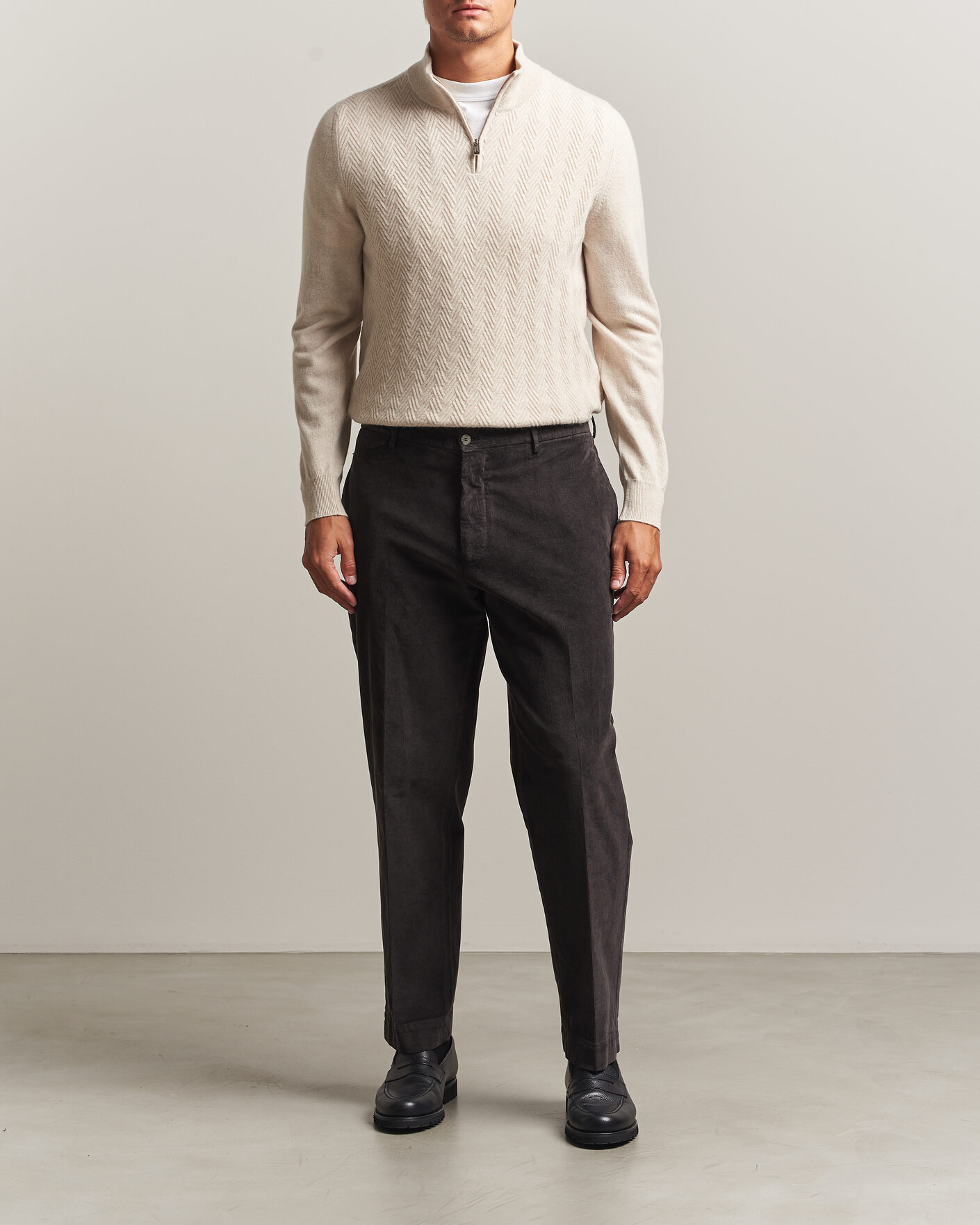 Mies | Puserot | Fedeli | Wool/Cashmere Chevron Half Zip Light Beige