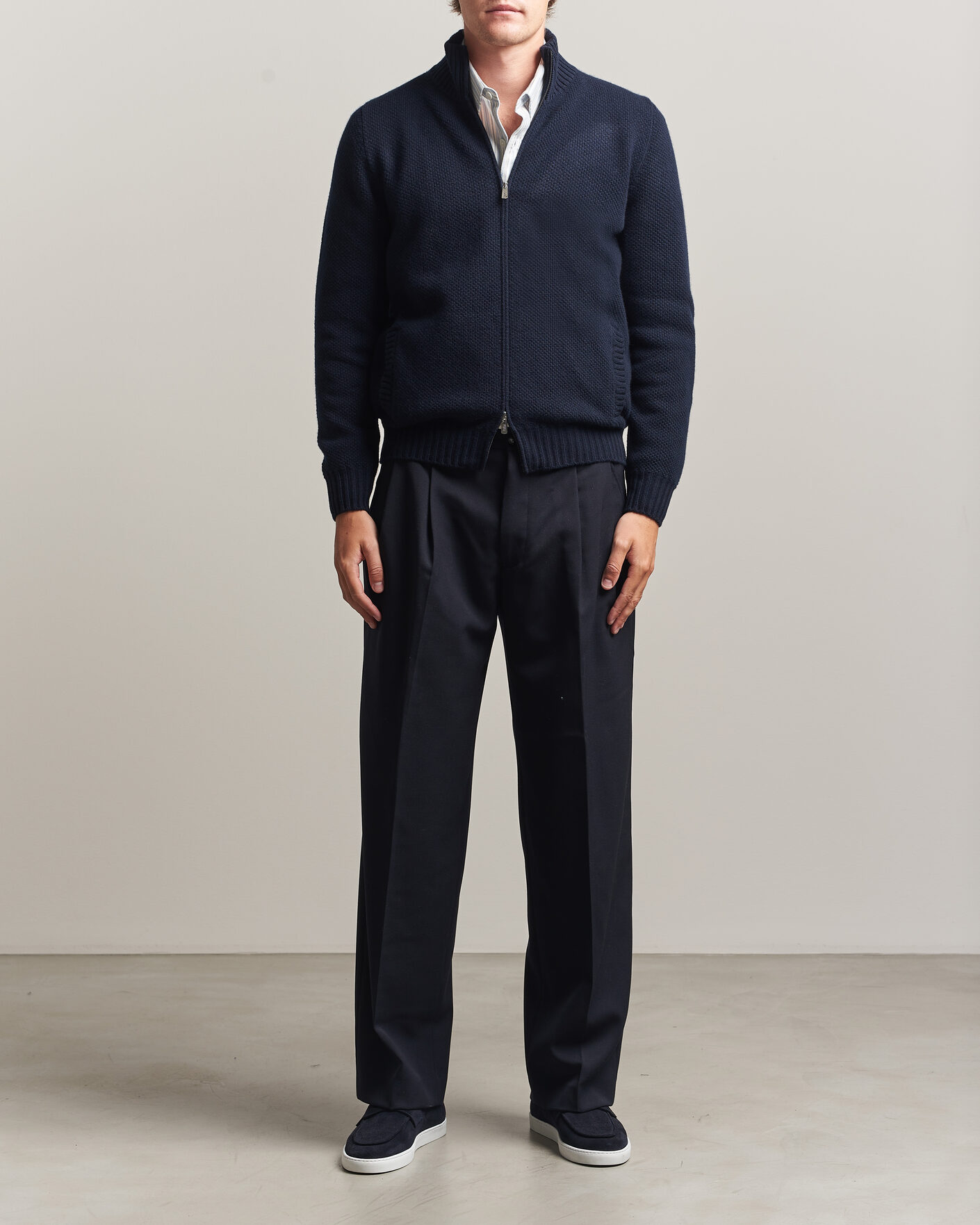 Mies | Puserot | Fedeli | Wool/Cashmere Honeycomb Full Zip Navy