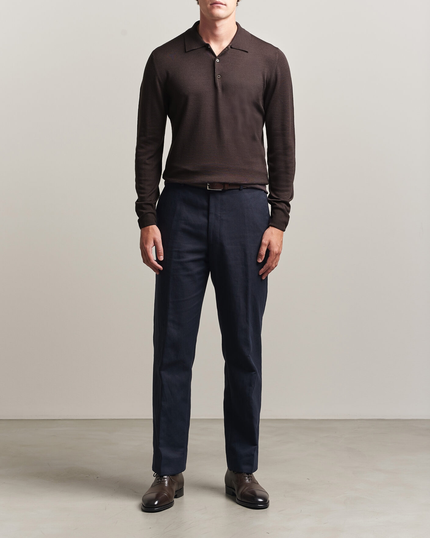 Mies | Puserot | Canali | Merino Wool Long Sleeve Polo Dark Brown