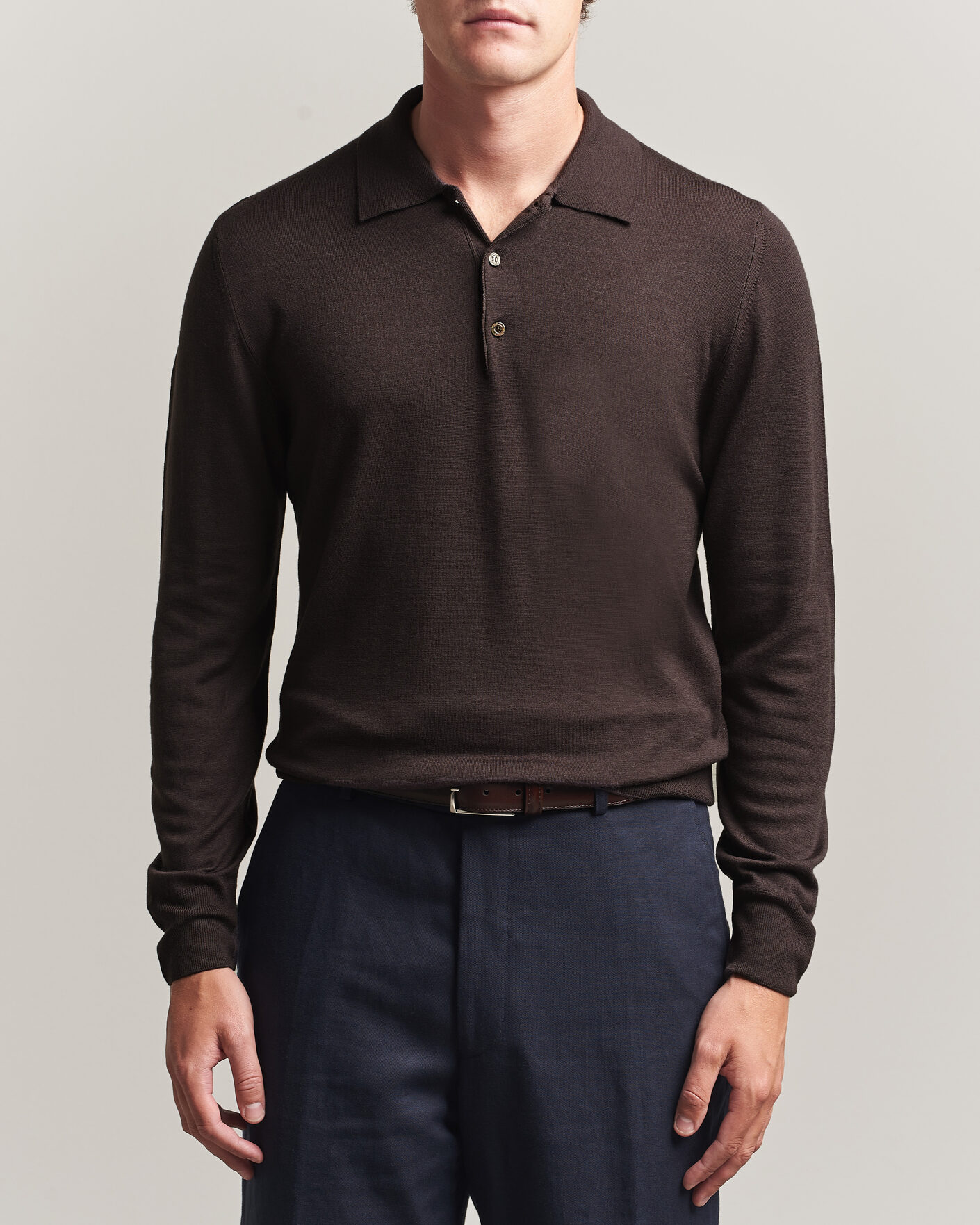 Mies | Puserot | Canali | Merino Wool Long Sleeve Polo Dark Brown