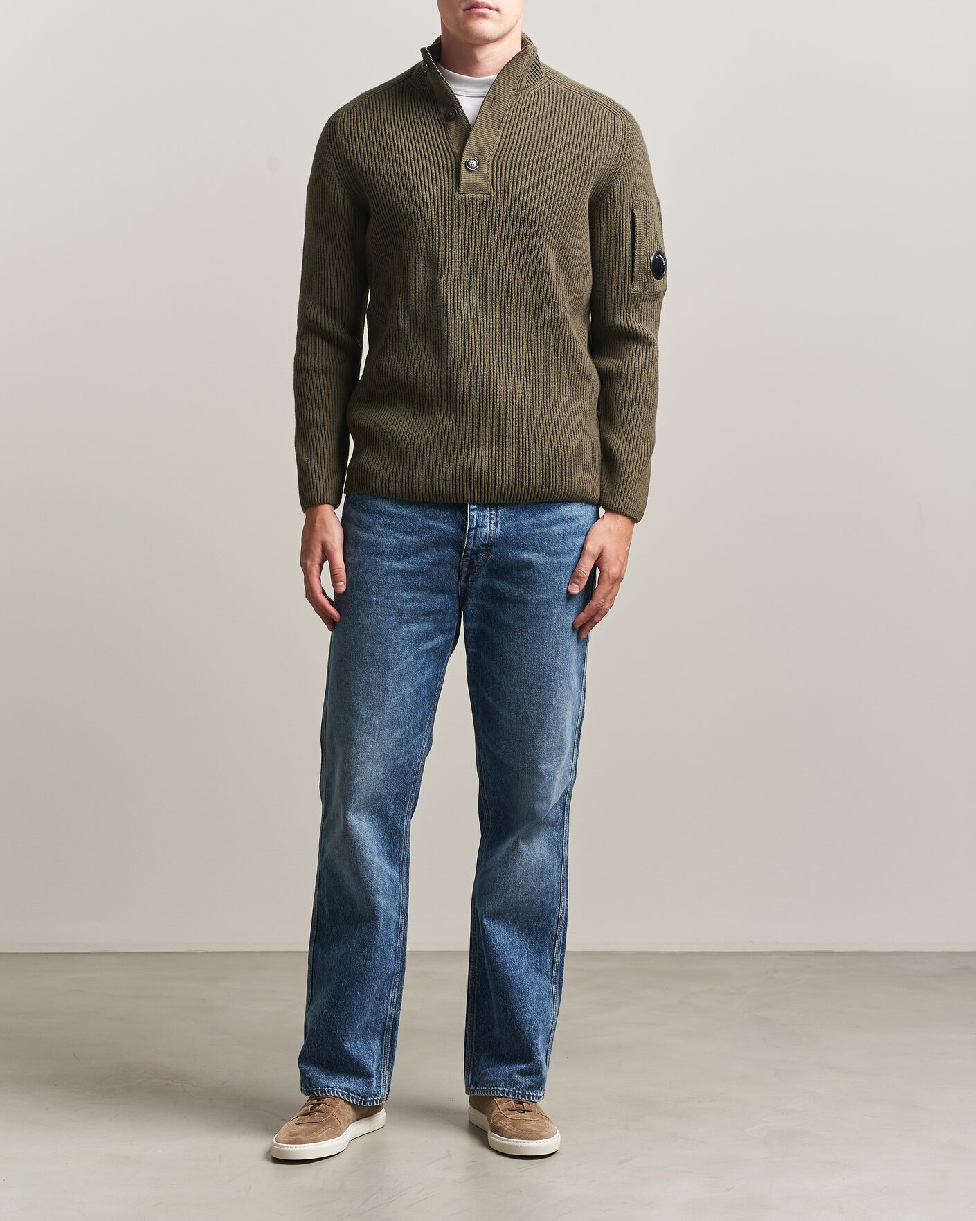 Mies | Puserot | C.P. Company | Full Rib Knitted Cotton Half Button Dark Green