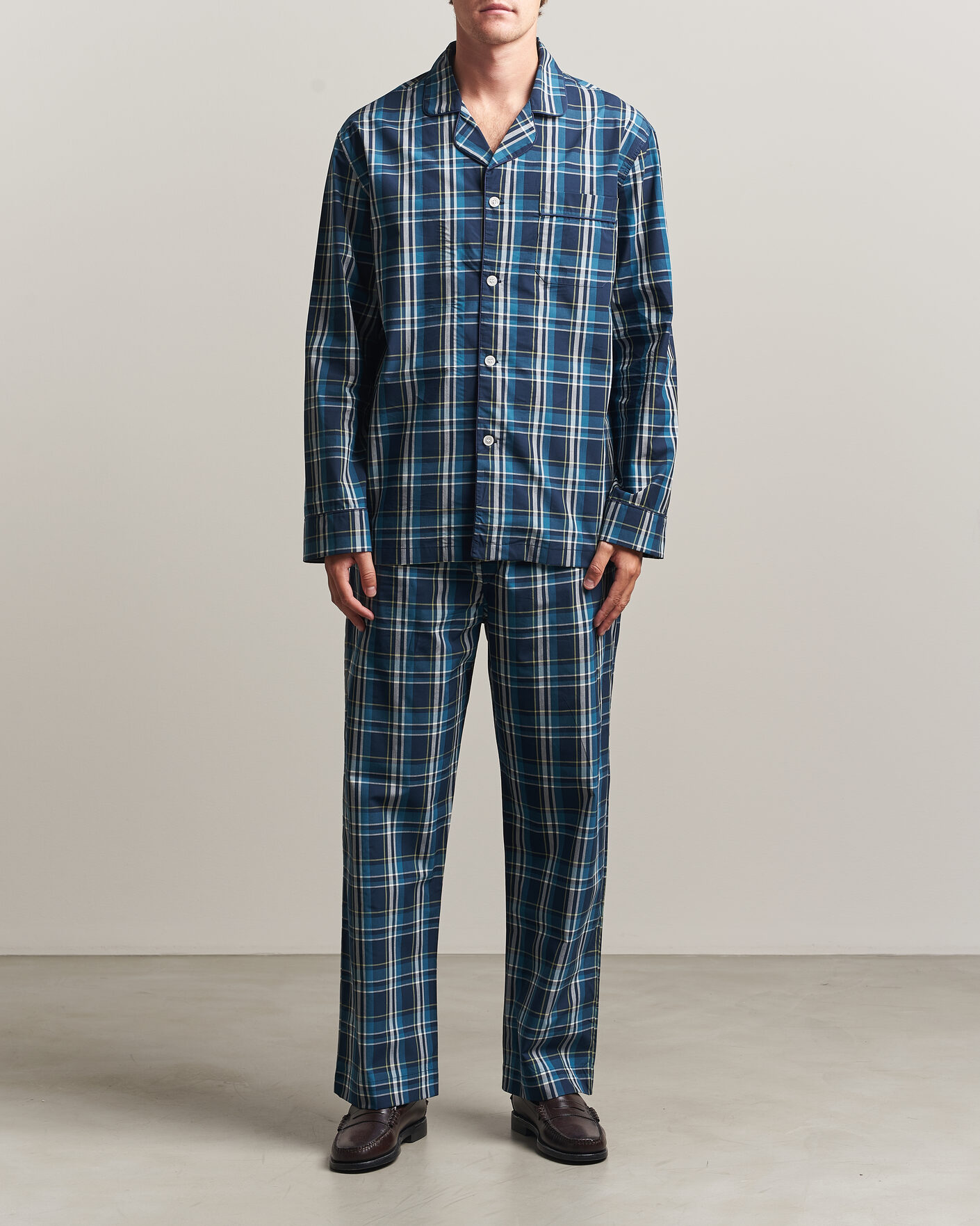 Mies | Yöpuvut ja kylpytakit | Derek Rose | Piped Checked Cotton Pyjama Set Navy