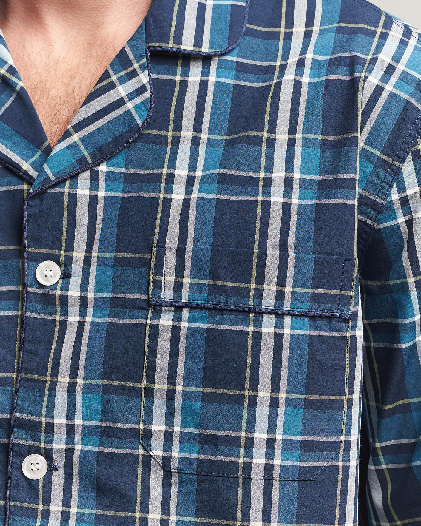 Mies | Yöpuvut ja kylpytakit | Derek Rose | Piped Checked Cotton Pyjama Set Navy