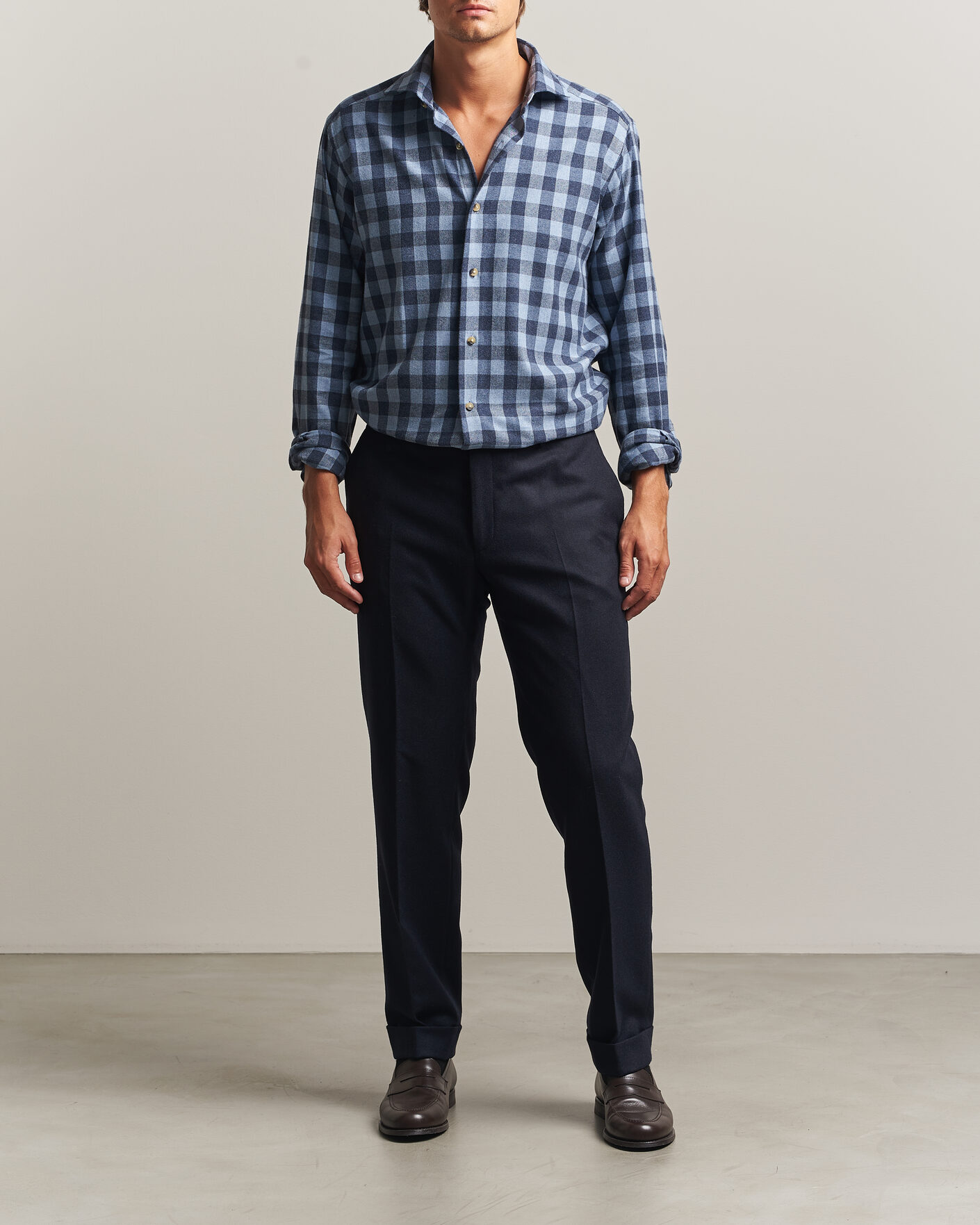 Mies | Kauluspaidat | Eton | Casual Fit Checked Flannel Shirt Mid Blue