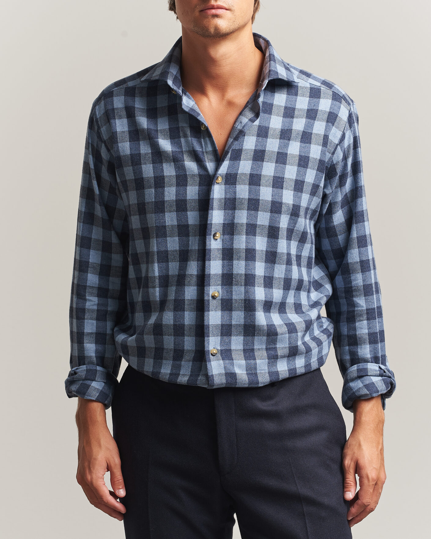 Mies | Kauluspaidat | Eton | Casual Fit Checked Flannel Shirt Mid Blue