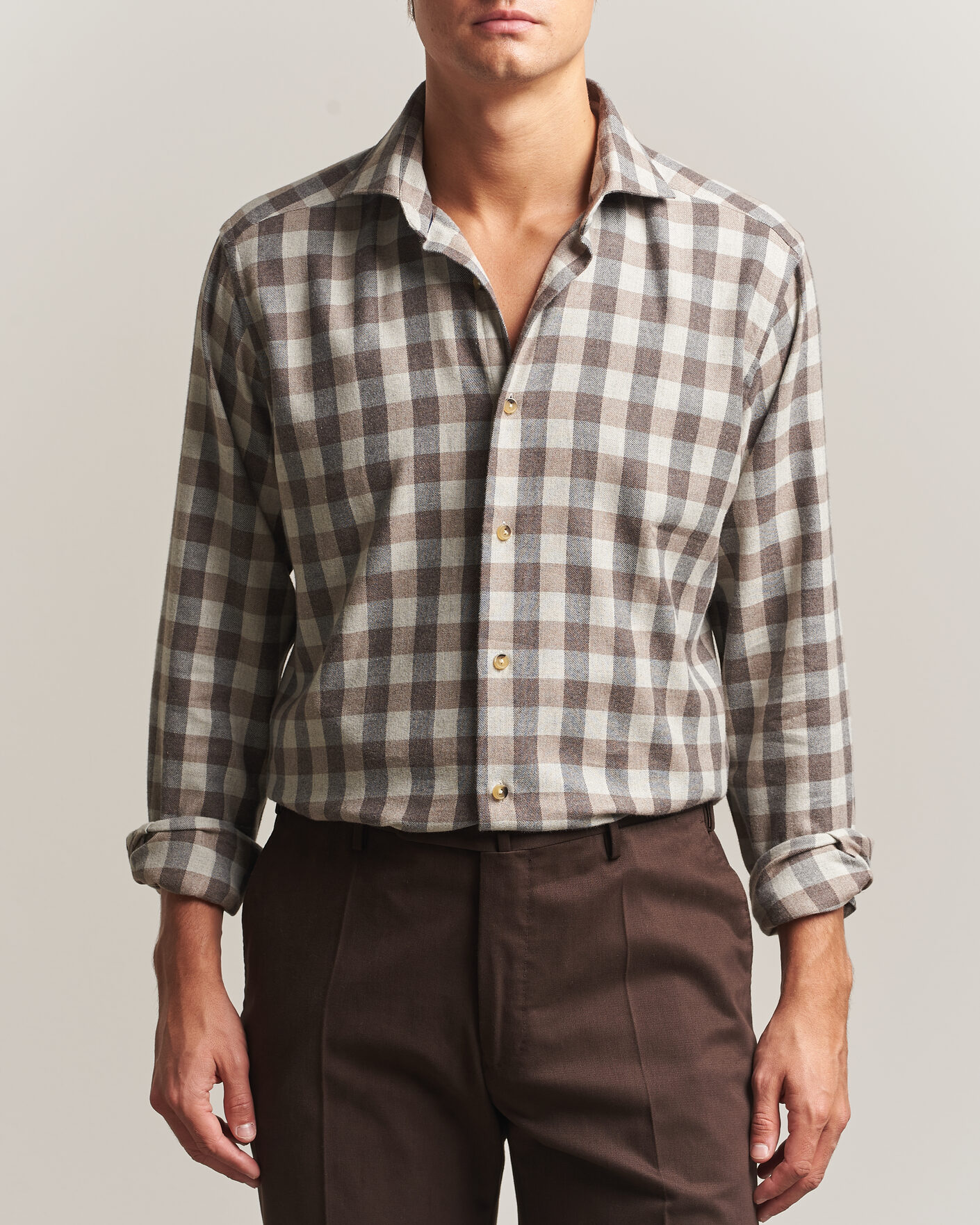 Mies | Kauluspaidat | Eton | Casual Fit Checked Flannel Shirt Beige