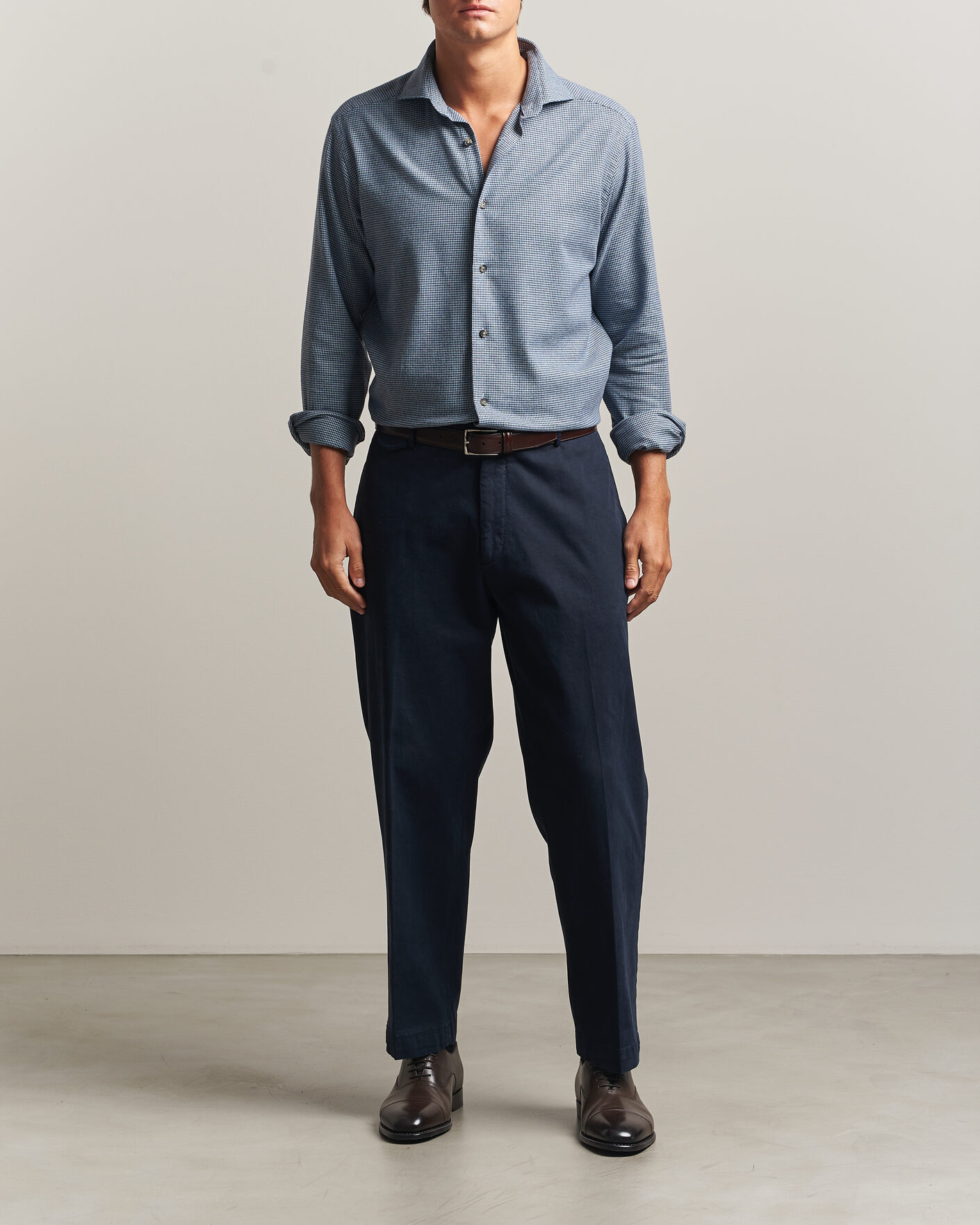 Mies | Kauluspaidat | Eton | Casual Fit Houndstooth Flannel Shirt Mid Blue