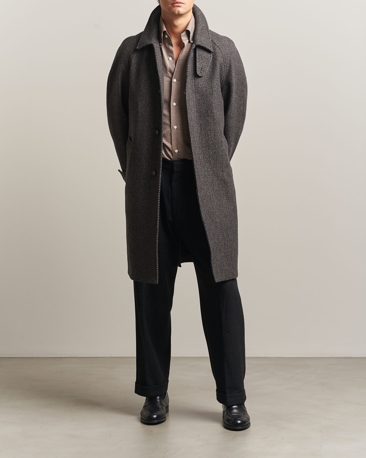Mies | Takit | Eton | Wool/Cashmere Herringbone Raglan Coat Dark Brown