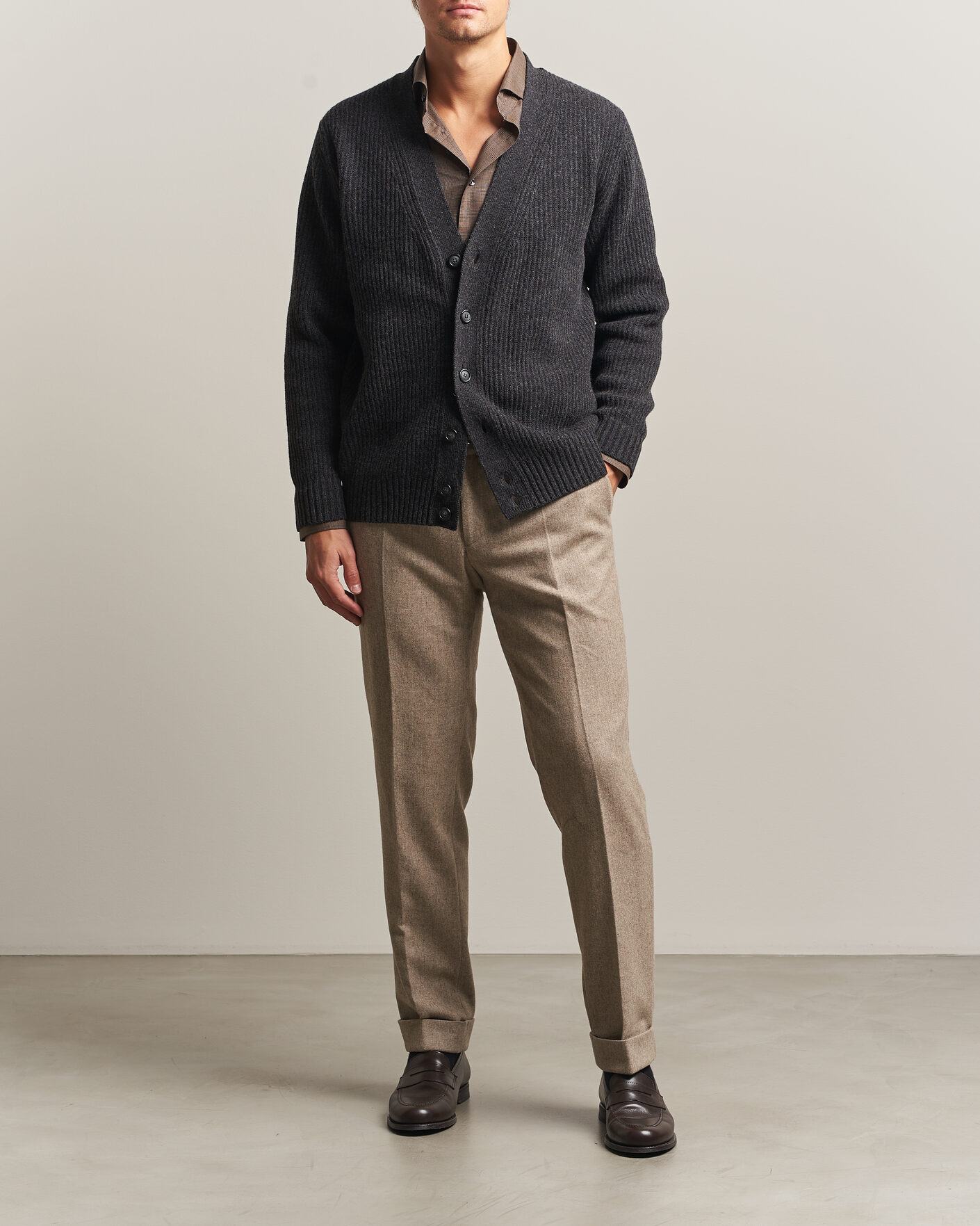 Mies | Puserot | Eton | Merino Wool Rib Cardigan Dark Grey