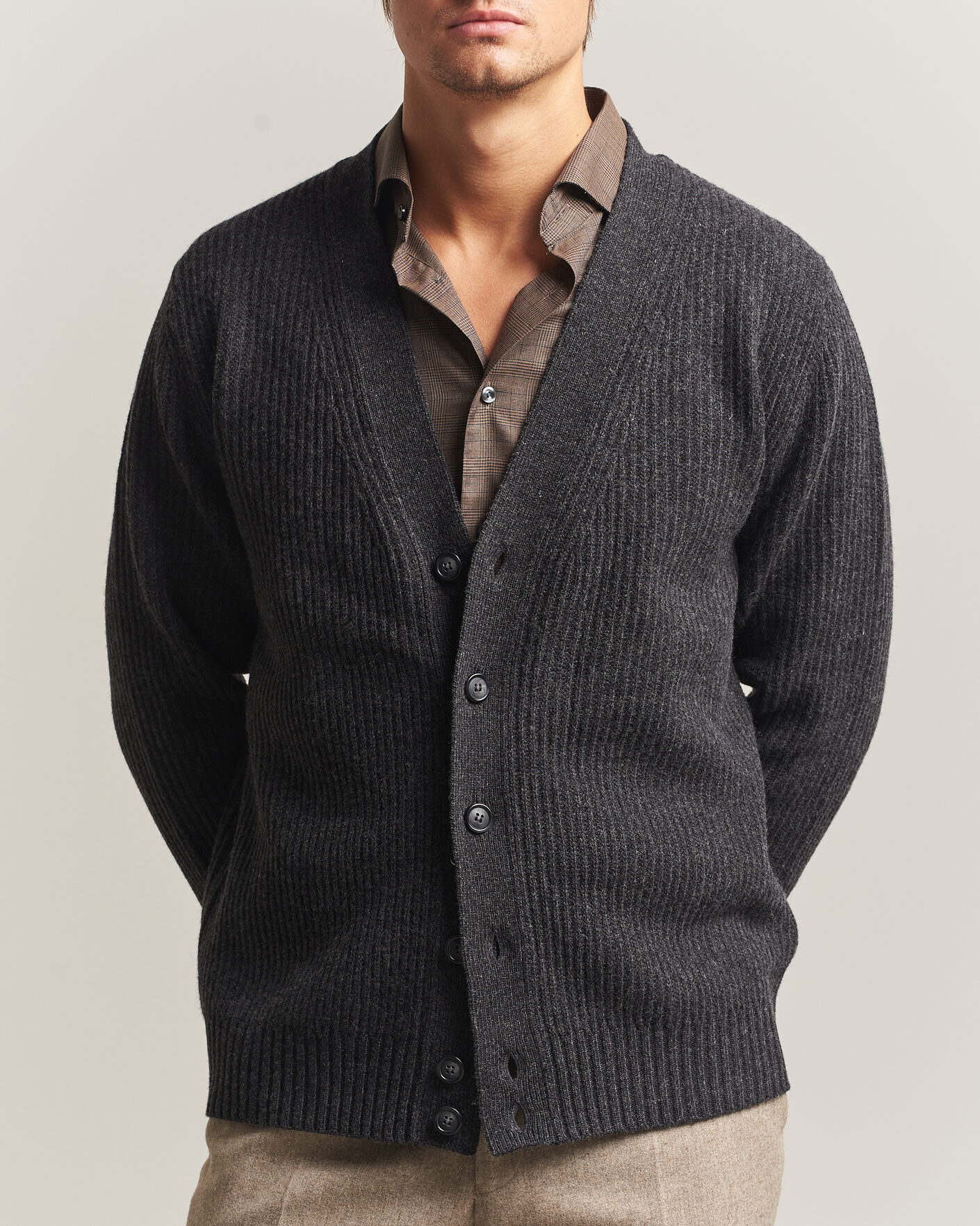 Mies | Puserot | Eton | Merino Wool Rib Cardigan Dark Grey