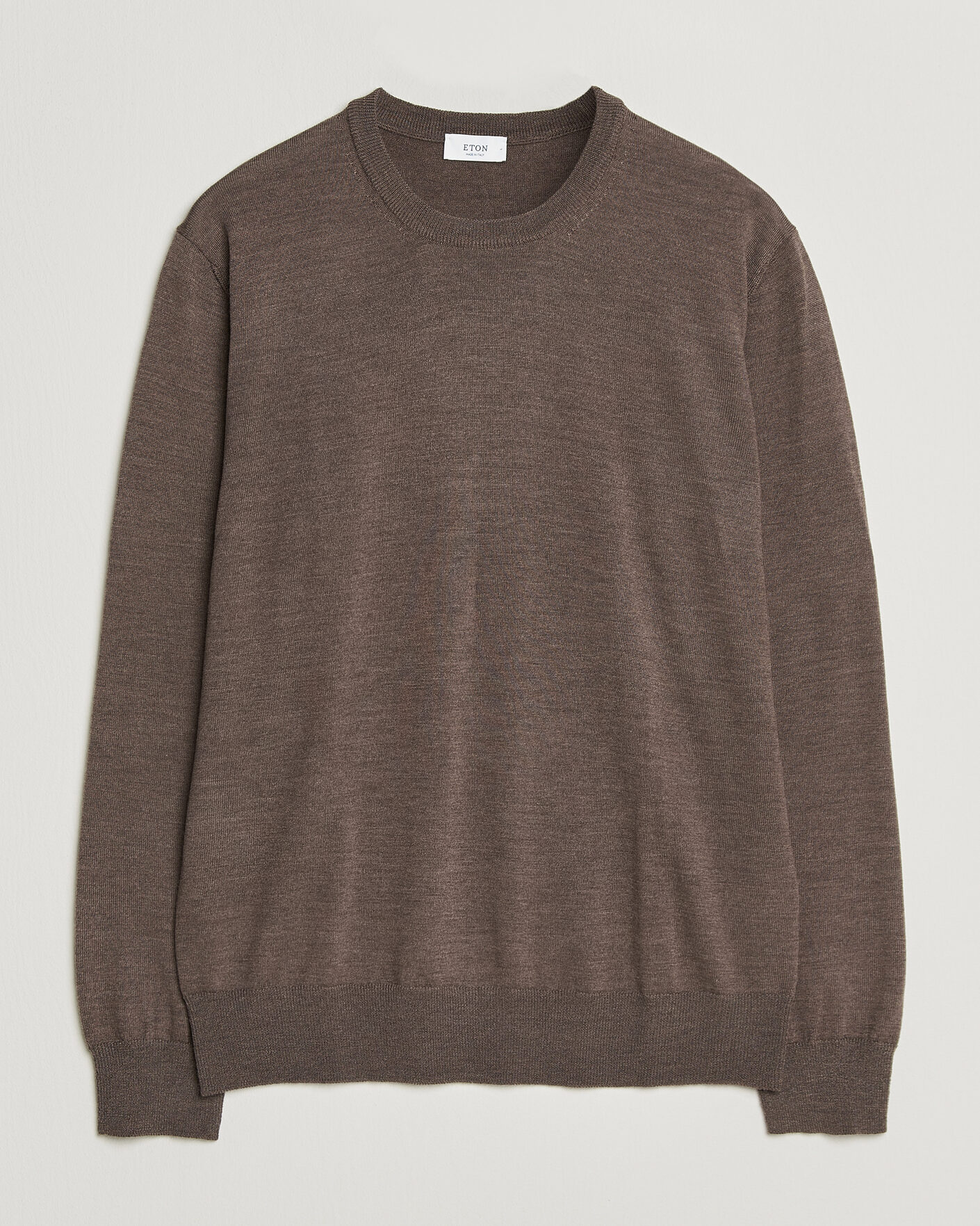 Mies | Puserot | Eton | Merino Wool Knitted Crew Neck Dark Brown