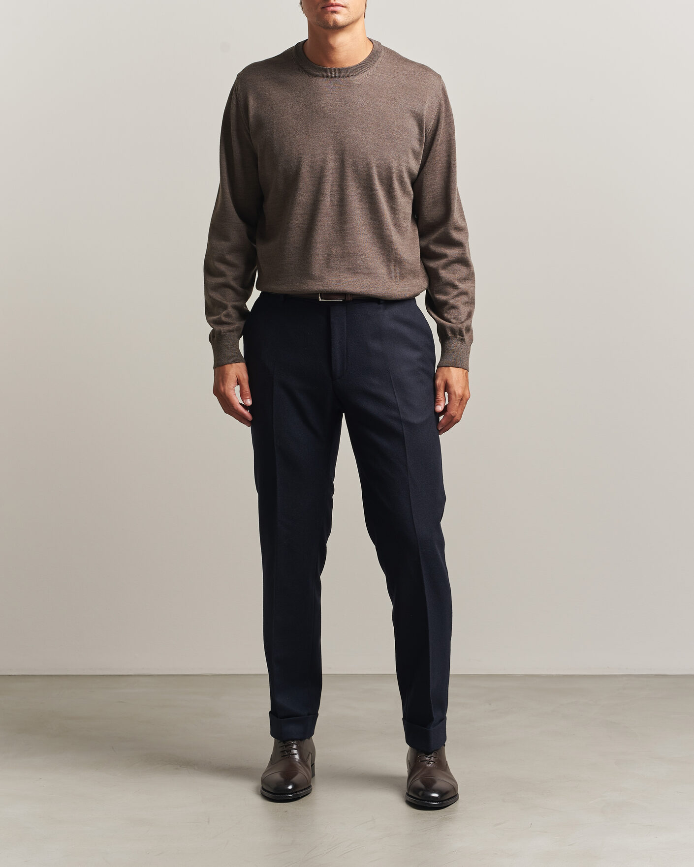 Mies | Puserot | Eton | Merino Wool Knitted Crew Neck Dark Brown