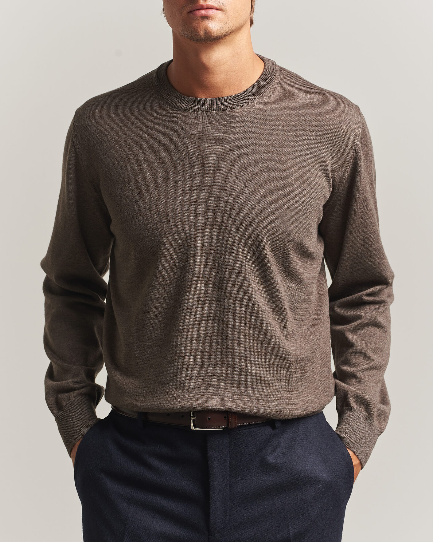Mies | Puserot | Eton | Merino Wool Knitted Crew Neck Dark Brown