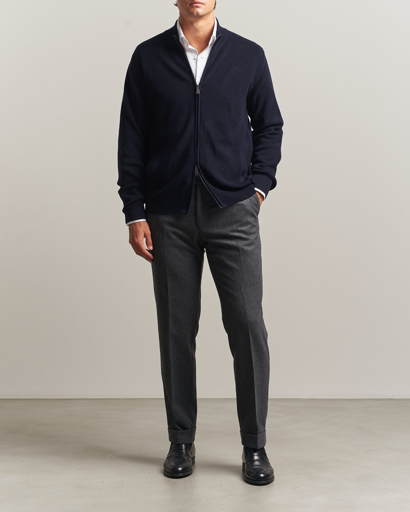 Mies | Puserot | Eton | Merino Wool Knitted Full Zip Navy Blue
