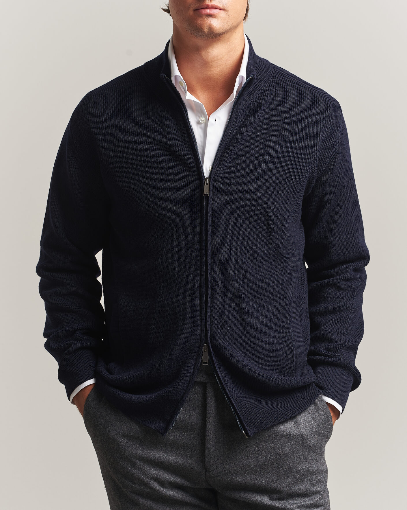 Mies | Puserot | Eton | Merino Wool Knitted Full Zip Navy Blue