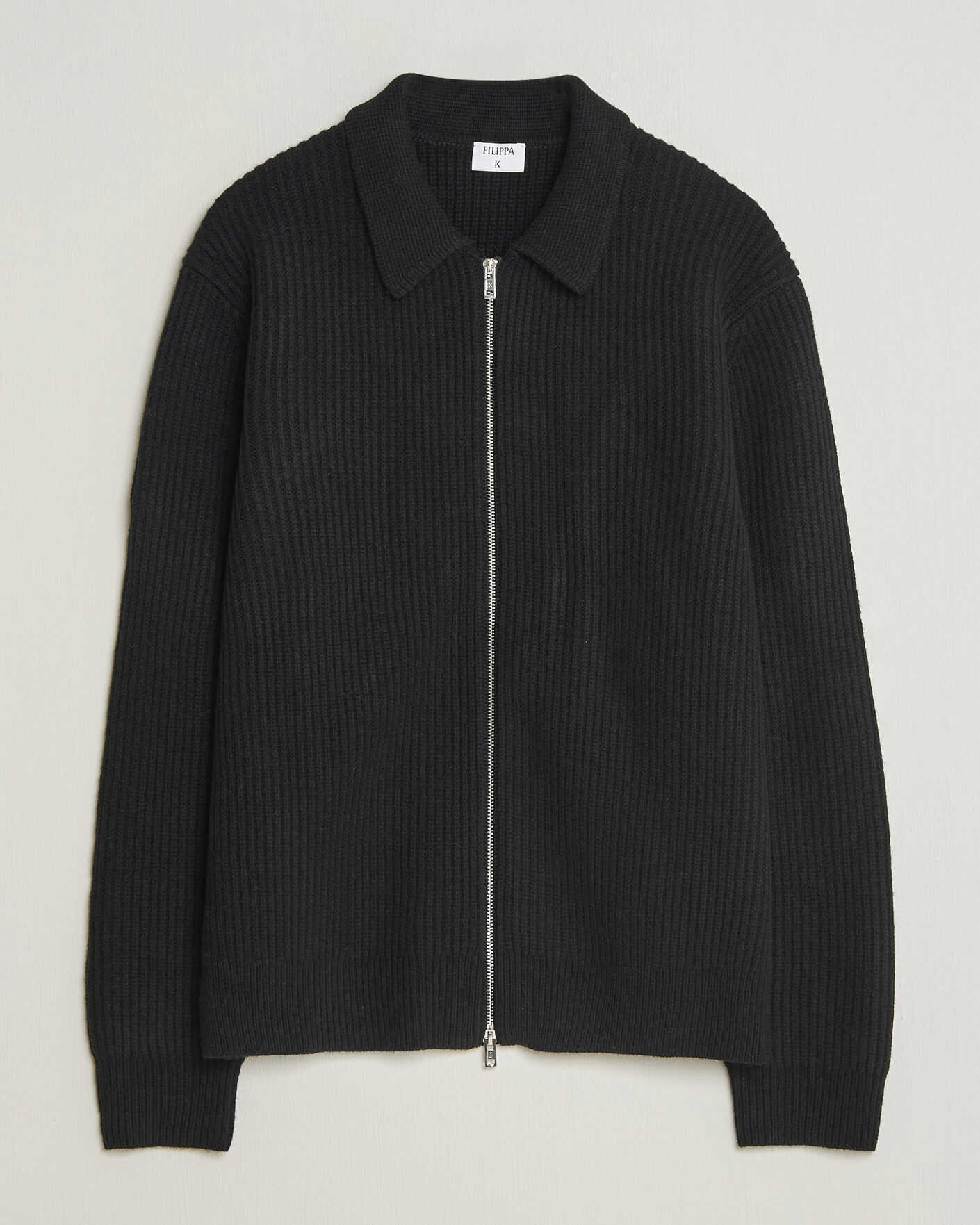Mies | Puserot | Filippa K | Ribbed Wool Knitted Full Zip Black