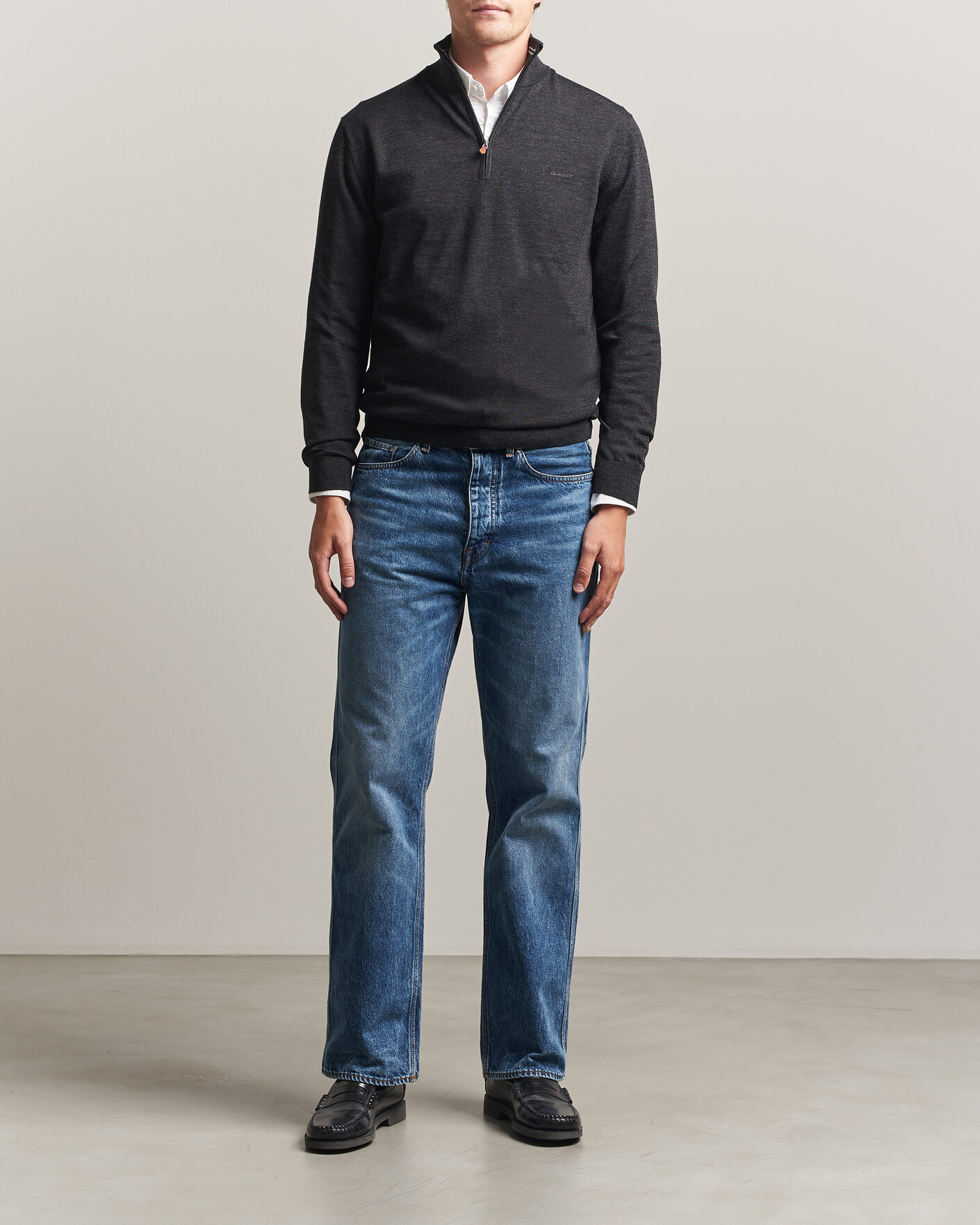 Mies | Puserot | Gant | Extrafine Merino Knitted Half Zip Dark Charcoal Melange