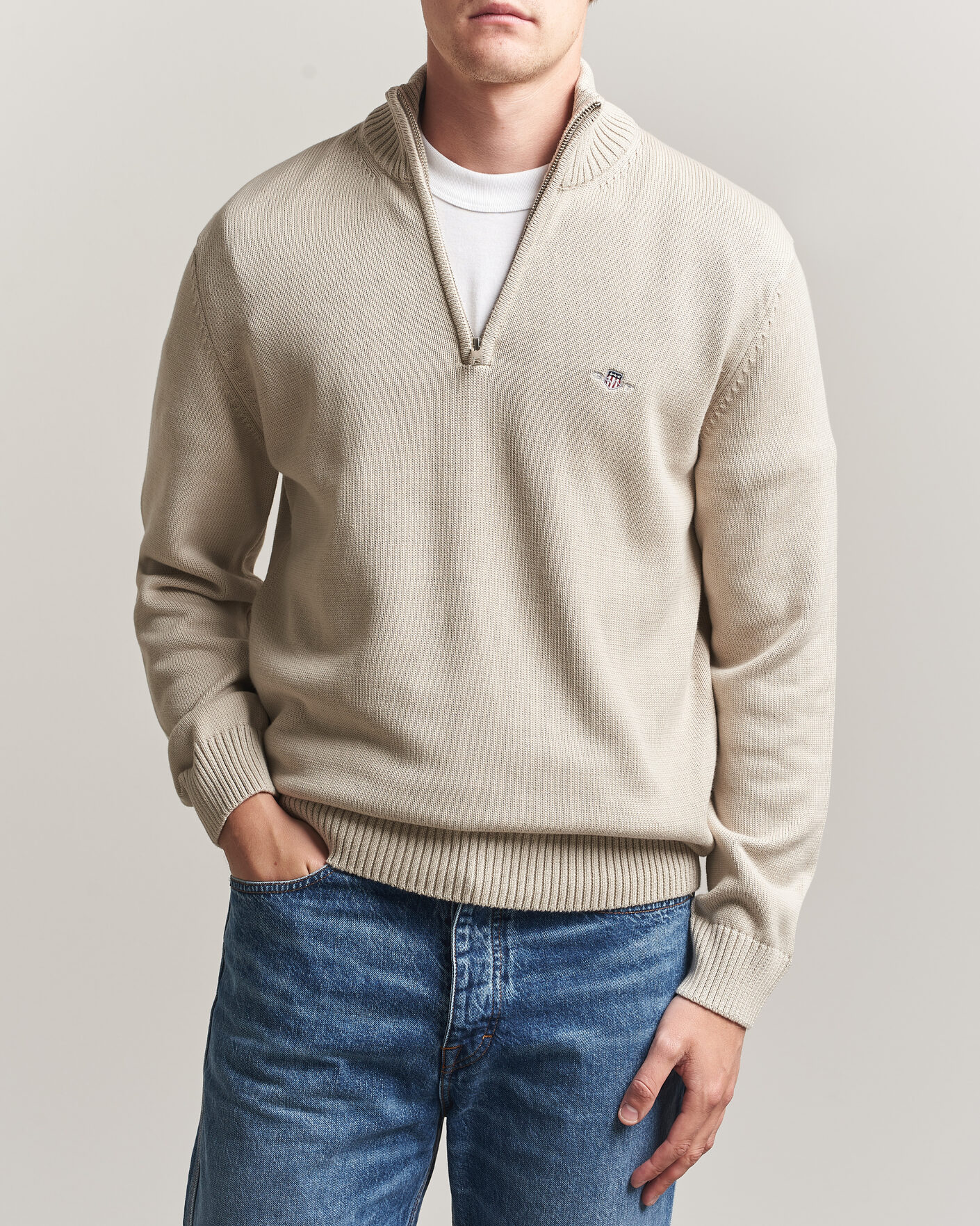Mies | Puserot | Gant | Casual Cotton Knitted Half Zip Clay Beige