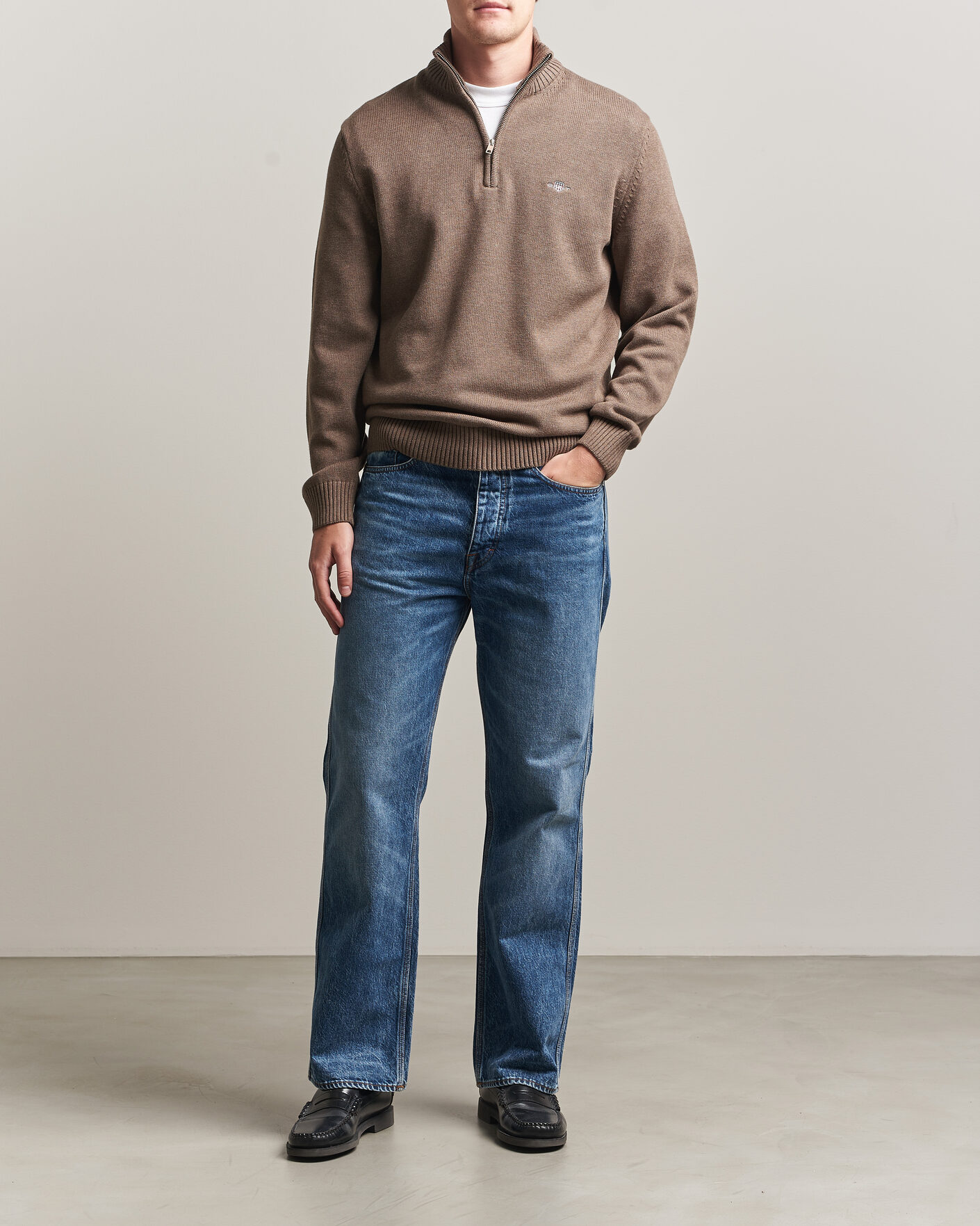 Mies | Puserot | Gant | Casual Cotton Knitted Half Zip Dark Hazelnut Melange