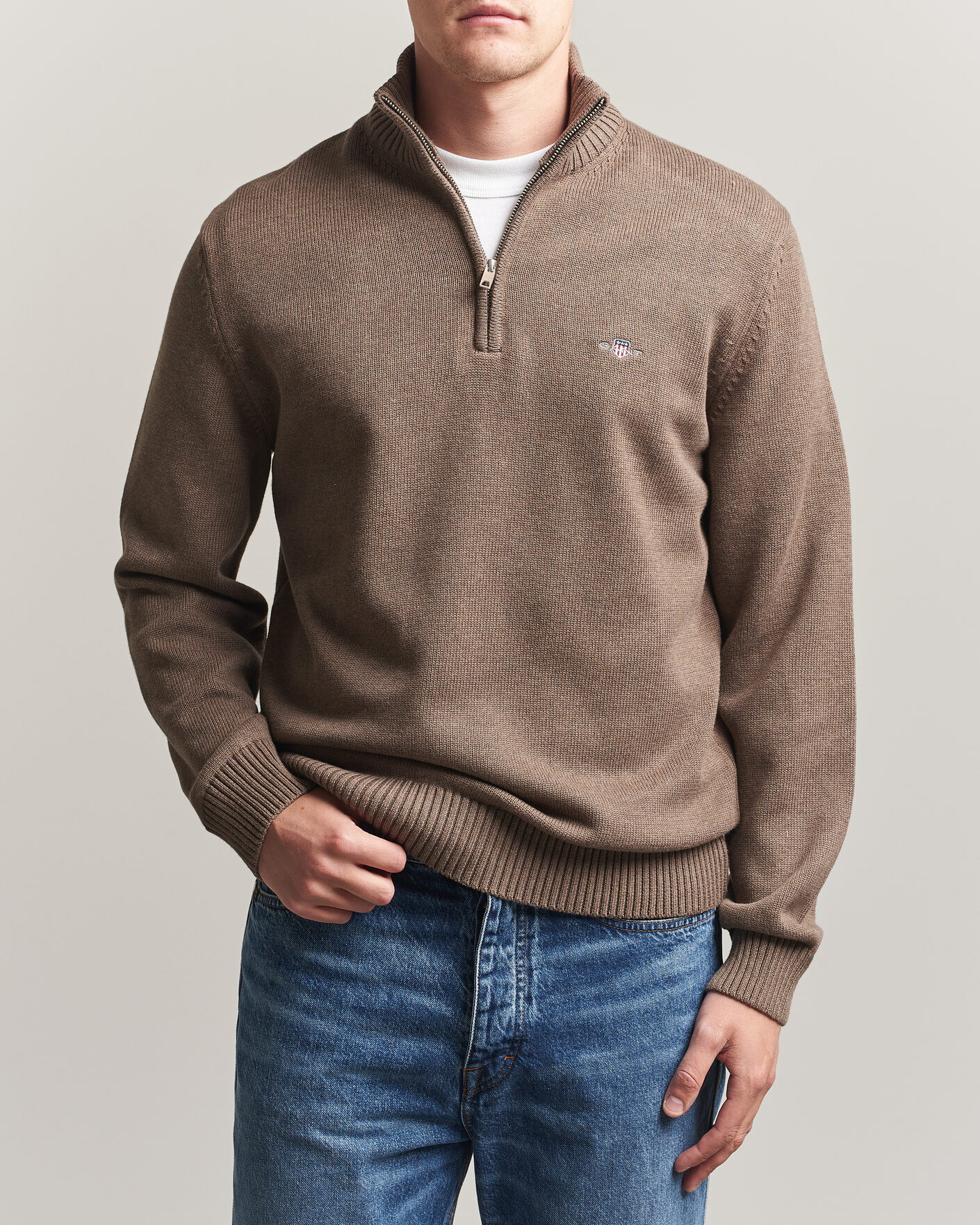 Mies | Puserot | Gant | Casual Cotton Knitted Half Zip Dark Hazelnut Melange